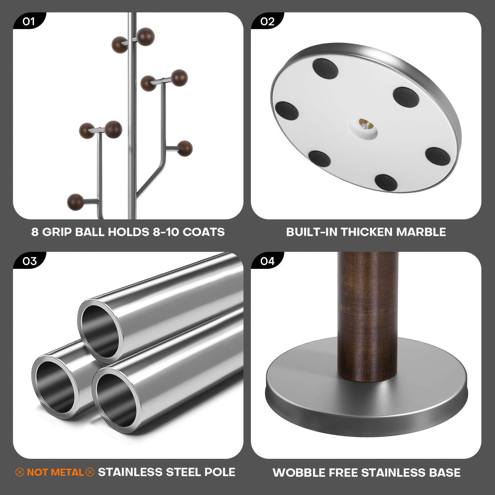 Heavy-Duty Freestanding Coat Rack with Stainless Steel Marble Base - 8 Ball-Shaped Hooks, Hardwood & Metal Construction, 27\