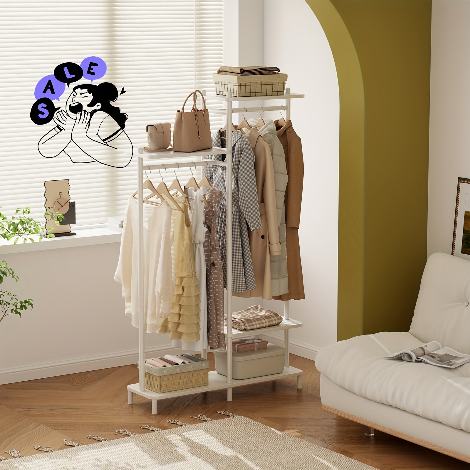 Kaslandi Solid Wood Coat Rack Furniture | Multi-Tier Hanging Rack, Clothes Hanging Rack, Clothes Drying Rack | Upper And Lower Storage + Alphabet Shelf Design | Versatile for Foyer And Bedroom! Free Shipping