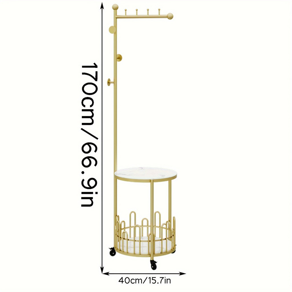 Sturdy Freestanding Iron Garment Rack with Storage Shelf and Hooks, Golden Single Rod Clothing Rack with Wheels and Table - 15.7in x 15.7in x 66.9in