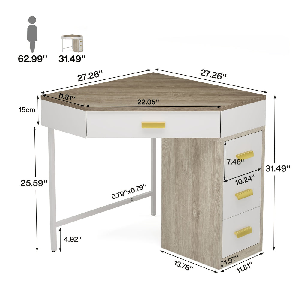 Triangle Corner Desk, Modern Computer Desk With 3 Drawers, 90-Degree Writing Desk PC Table Makeup Vanity Desk With Storage For Home Office, Living Room, Bedroom (White And Grey)