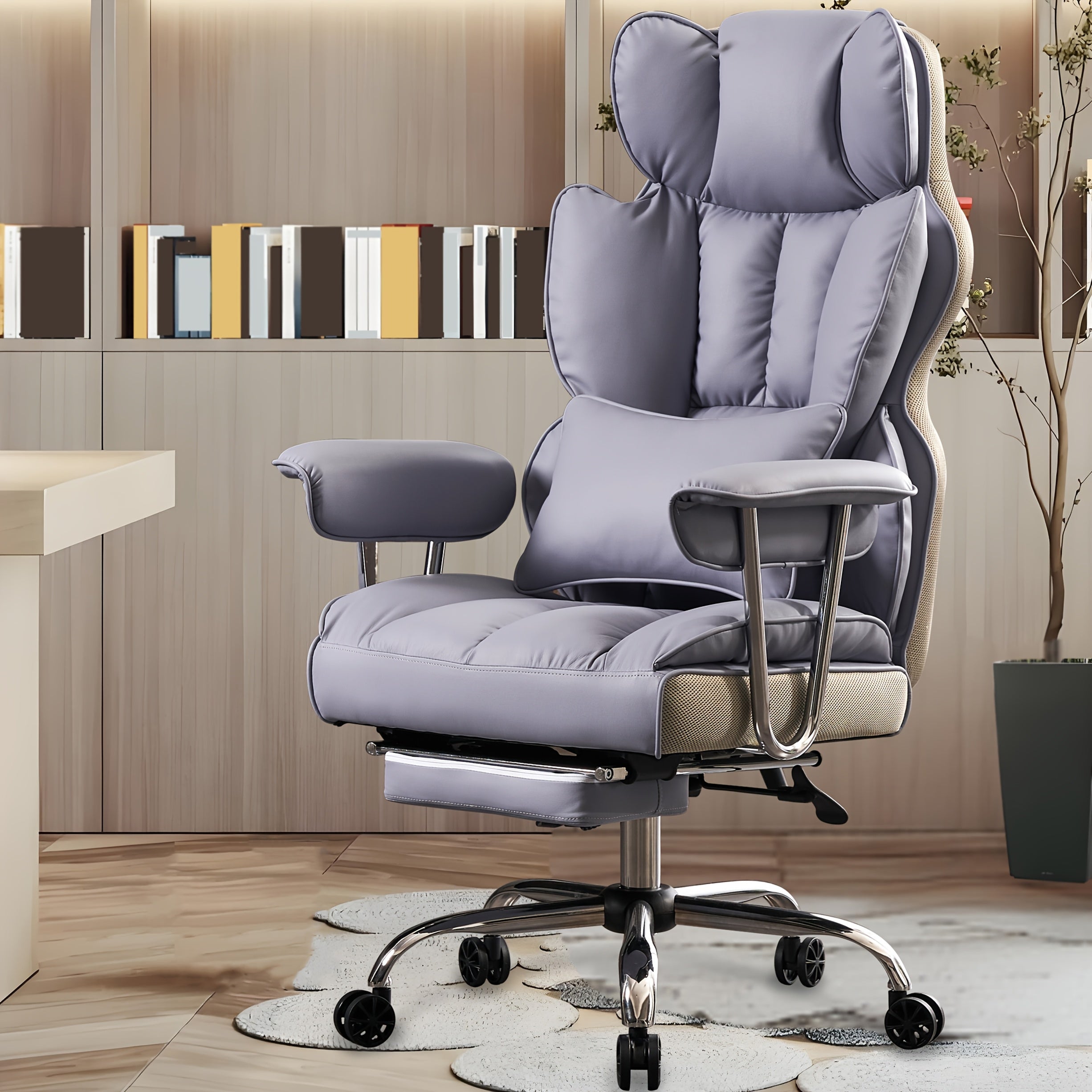 Efomao Desk Office Chair 400LBS, Big And Tall Office Chair, PU Leather Computer Chair, Executive Office Chair With Leg Rest And Lumbar Support
