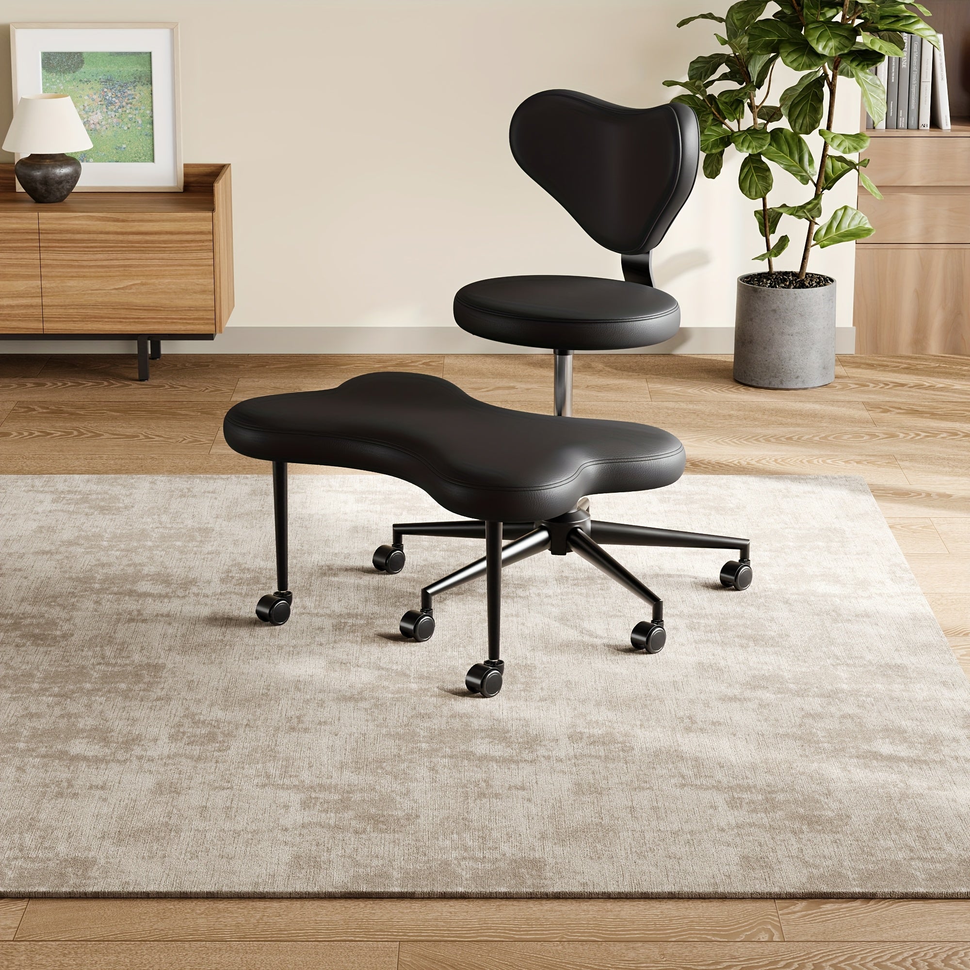 Ergonomic Office Chair Ergonomic Office Chair with Wheels, Cross Legged Chair, Height Adjustable Seat and Footstool, Ergonomic Back Support, Teddy Velvet White And Faux PU Black, Office Furniture Gift Choice