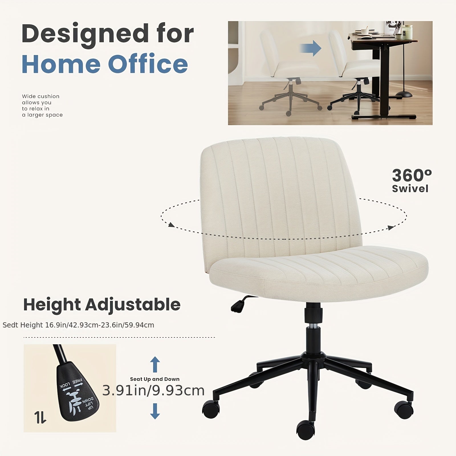 SMUG Criss Cross Chair With Wheels, Cross Legged Office Chair Wide Armless Desk Chair, Adjustable Swivel Comfy Home Office Vanity Desk Chair, Stocking Stuffers