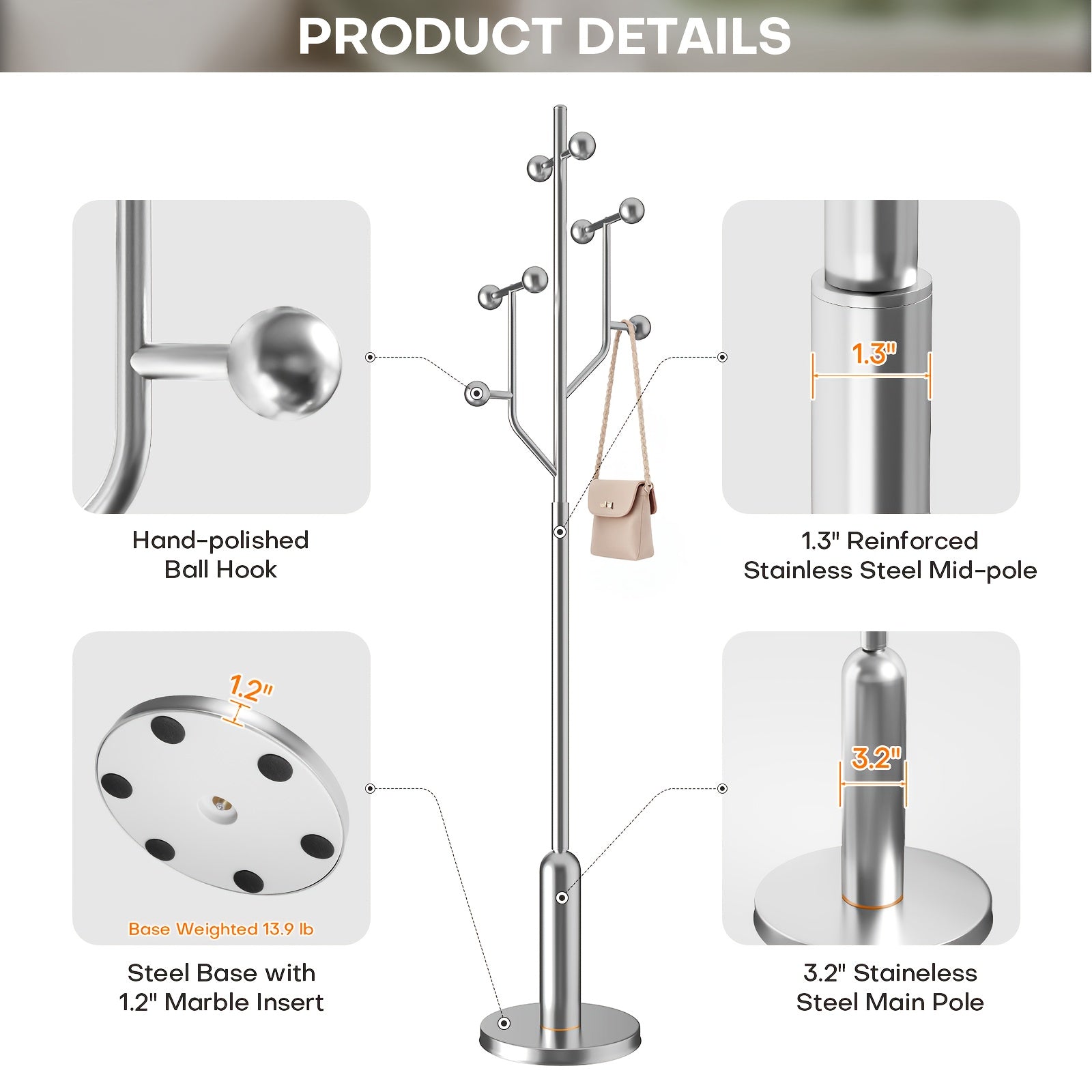 Heavy-Duty Freestanding Coat Rack with Stainless Steel Marble Base - 8 Ball-Shaped Hooks, Hardwood & Metal Construction, 27\