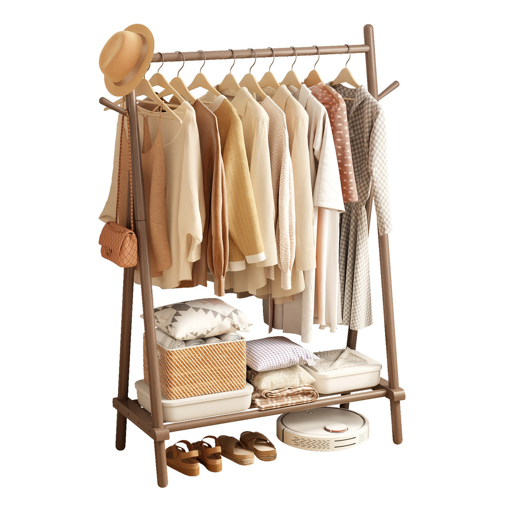 KASLANDI Free Shipping - Solid Wood Clothes Rack, Portable Garment Rack With Hooks And Shelf, Sturdy Freestanding Clothing Organizer For Coats, Dresses, Shoes, Bags, Easy To Assemble Storage Solution For Bedroom, Entryway, Living Room