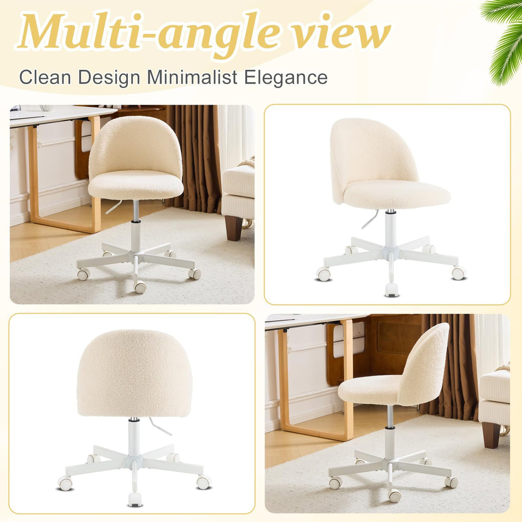 VINGLI Modern Teddy Fluffy Small Office Chair,Cute Desk Chair with Wheels,Gold Base\u002FStuds, Comfy Armless Swivel Vanity Task Chair, Nail Tech Chair for Bedroom,Small Space