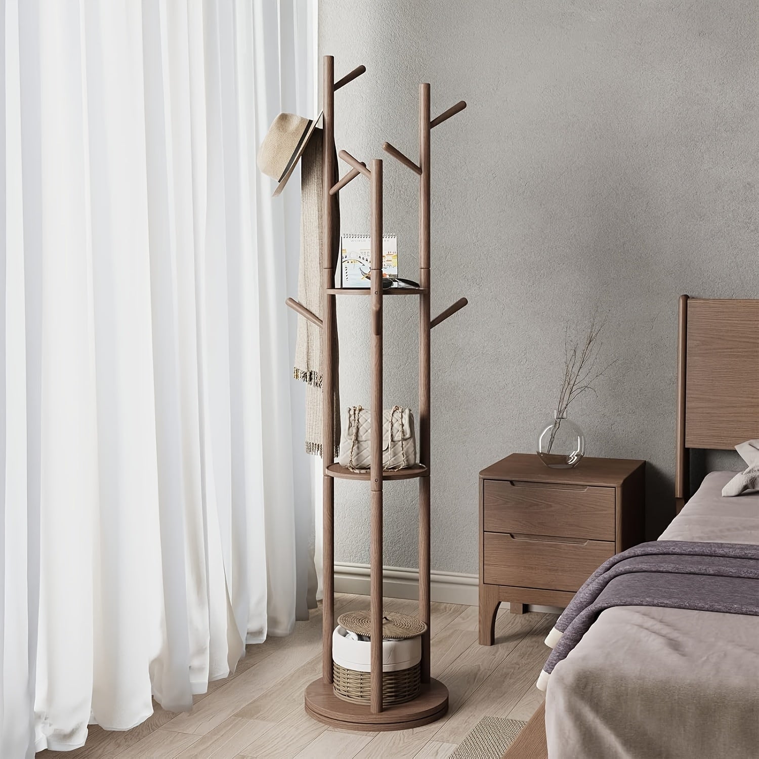 KASLANDI Furniture for Home, Solid Wood Rotary Coat Rack - Self-standing Hanger, Tree Floor Hanger, Foyer Furniture, Suitable for Entrance, Bedroom And Living Room, Hanging Coats And Bags,, Free Shipping