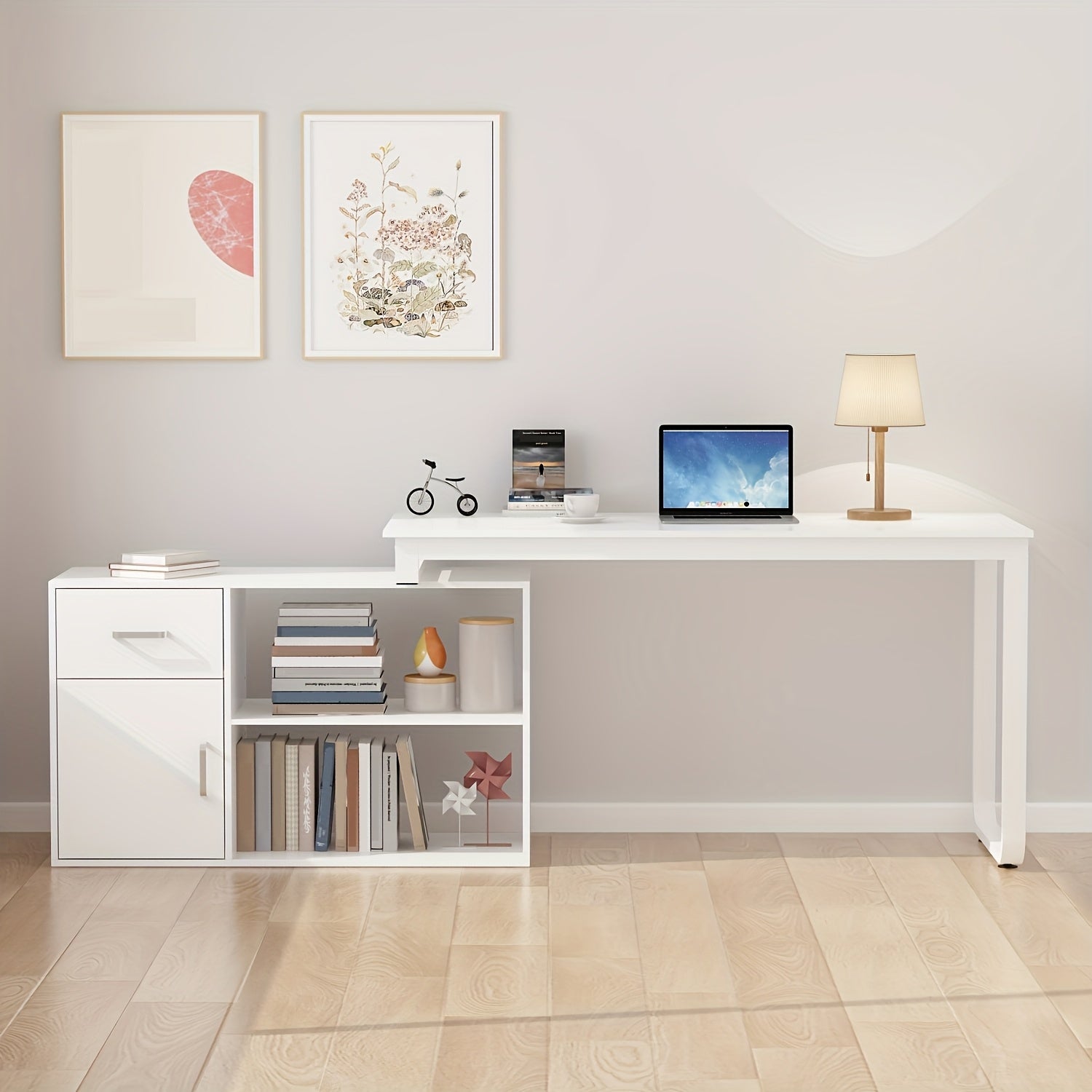 Modern L-shaped Computer Desk Modern L-shaped Computer Desk with Drawer | Open Shelves, Filing Cabinet & Spacious Desktop for Home Office, Study Room - White