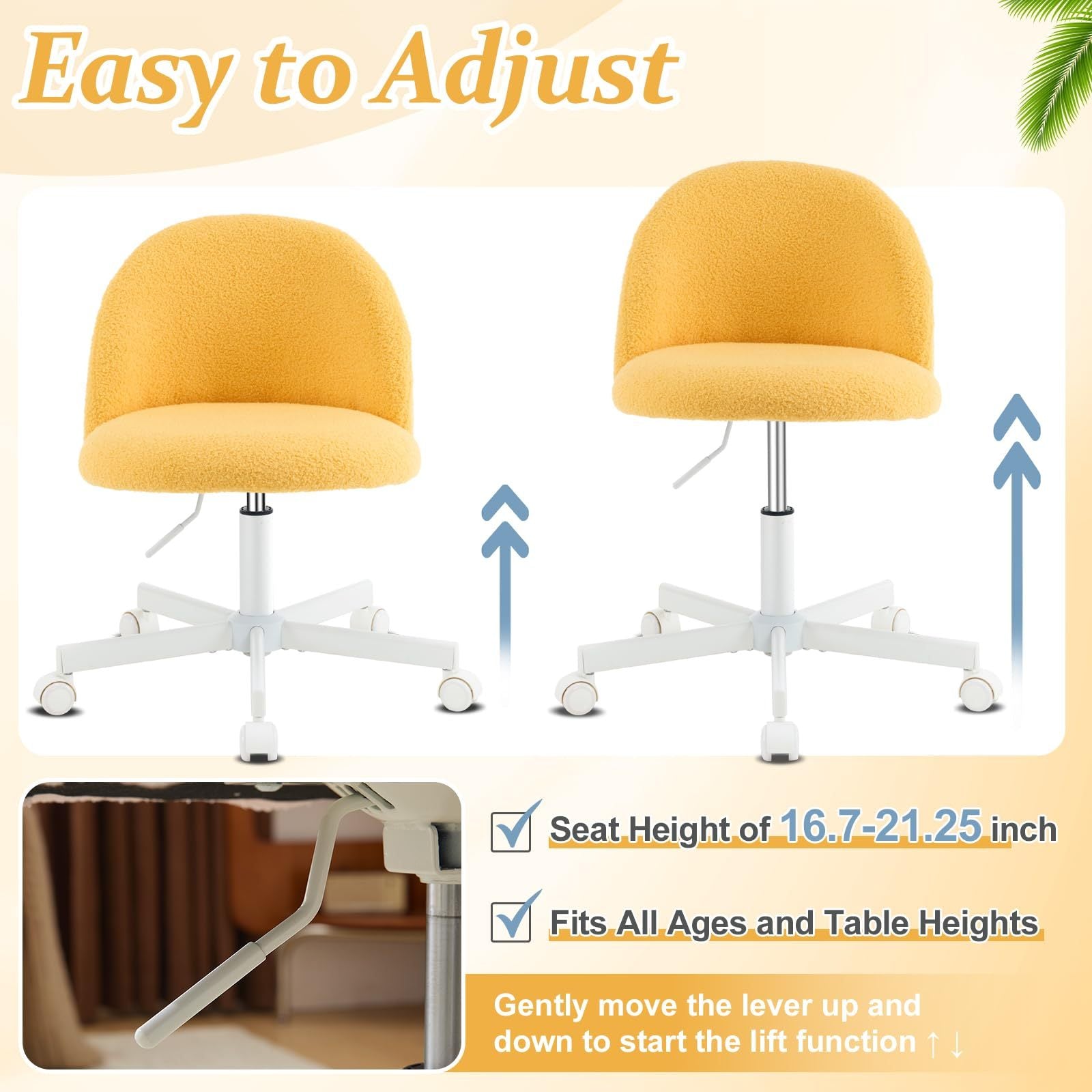 VINGLI Modern Teddy Fluffy Small Office Chair,Cute Desk Chair with Wheels,Gold Base\u002FStuds, Comfy Armless Swivel Vanity Task Chair, Nail Tech Chair for Bedroom,Small Space