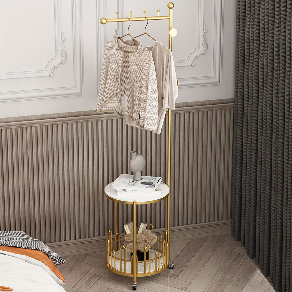 Sturdy Freestanding Iron Garment Rack with Storage Shelf and Hooks, Golden Single Rod Clothing Rack with Wheels and Table - 15.7in x 15.7in x 66.9in