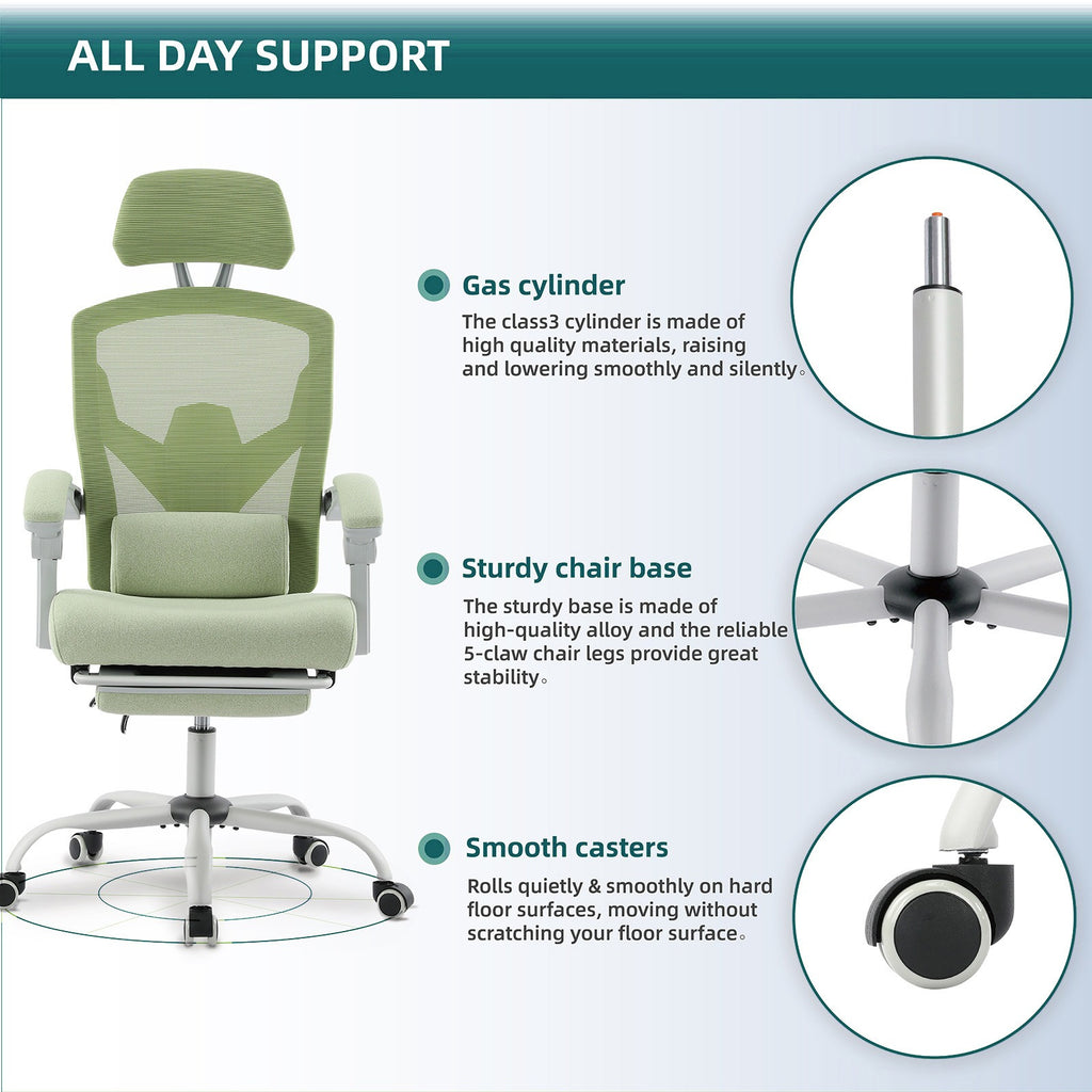 Home Office Desk Chair with Footrest and Headrest, High-Back Mesh Rolling Swivel Reclining Chairs with Wheels, Comfortable Headrest, Lumbar Support, Comfy Arms for Home, Office, Gaming, Student