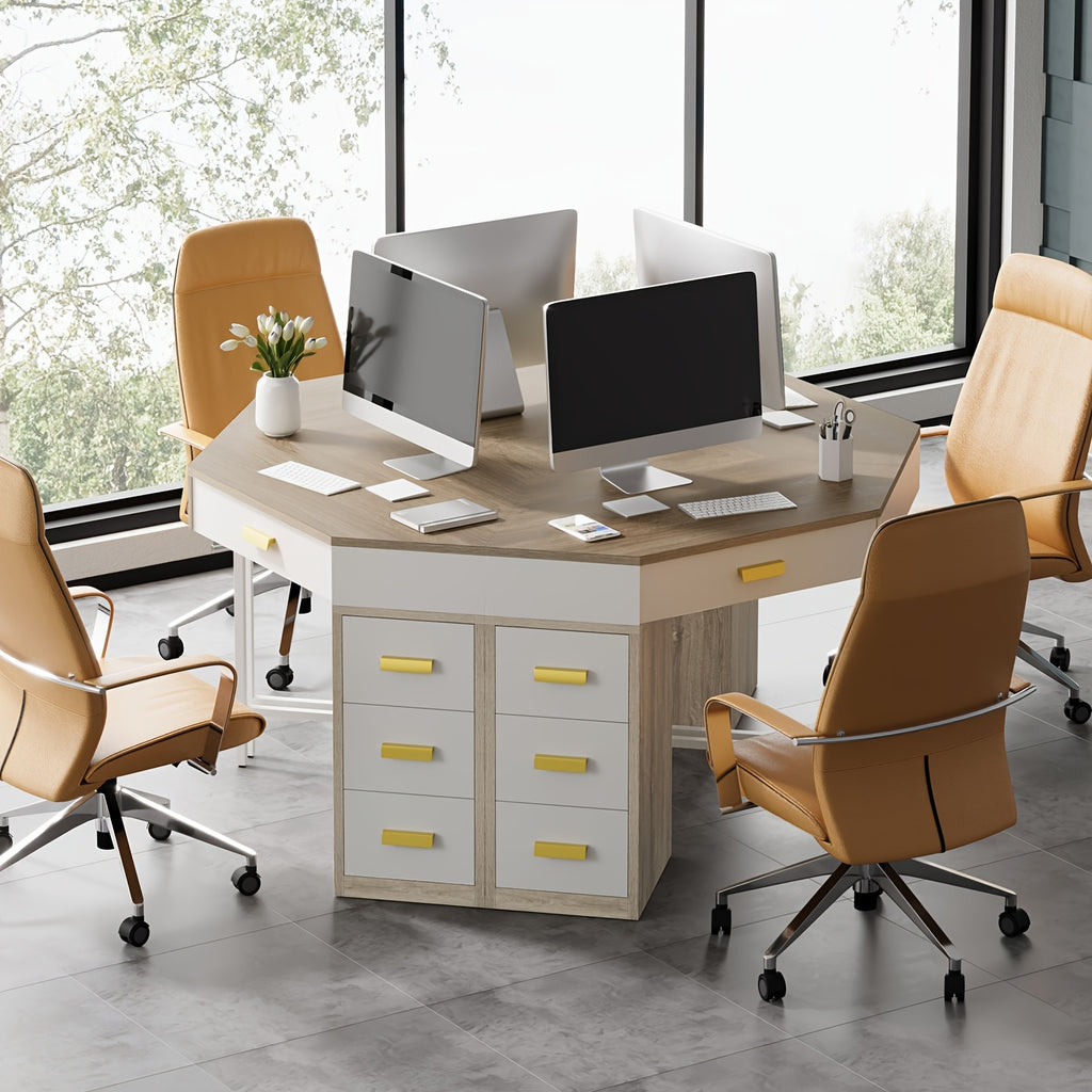 Triangle Corner Desk, Modern Computer Desk With 3 Drawers, 90-Degree Writing Desk PC Table Makeup Vanity Desk With Storage For Home Office, Living Room, Bedroom (White And Grey)