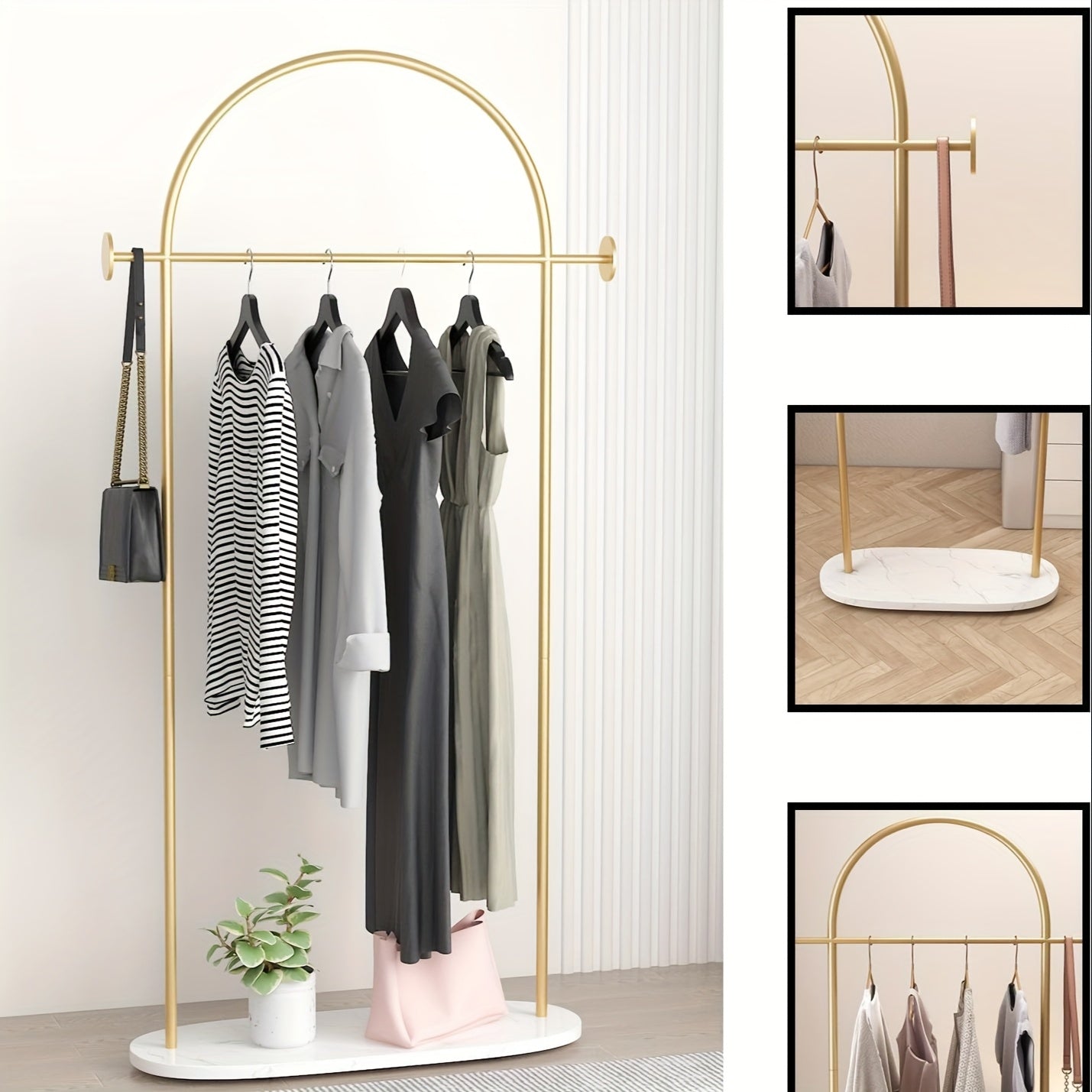 Heavy Duty Golden Clothing Rack with Adjustable Shelf & Hooks - Freestanding Metal Coat Hanger Stand for Home, Office, Boutique - Space-Saving Modern Design with Storage, 31.5\