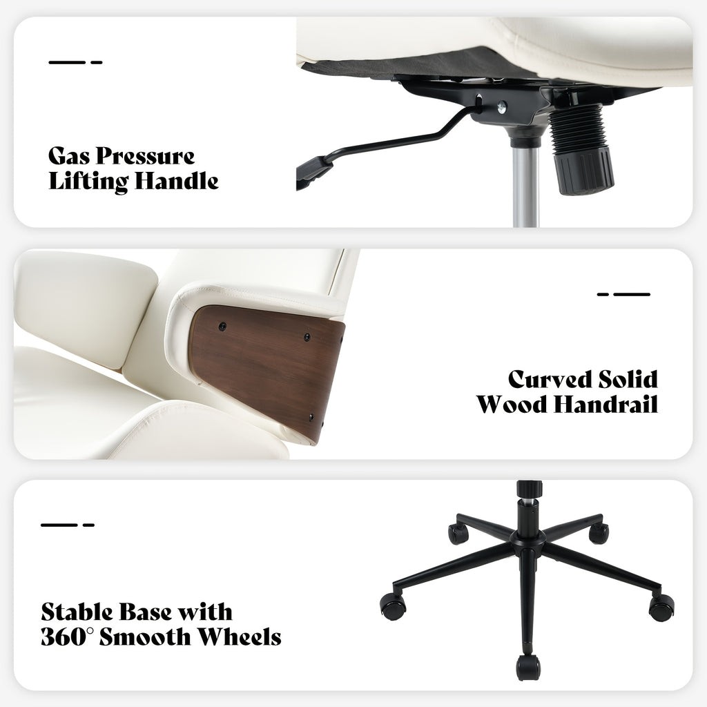 Ergonomic Home Office Chair With Wheels – PU Leather Swivel Desk Chair With Bentwood Arms, Lumbar Support & Headrest