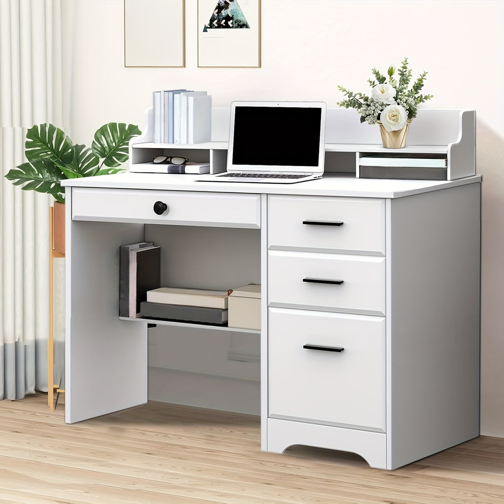 White, Brown, Wood Gray, Cream Computer Desk With 4 Drawers And Hutch, Home Office Writing Desk With File Drawer And Shelves For Small Spaces, Small Desk Study Table For Bedroom, White, Brown, Wood Gray, Cream