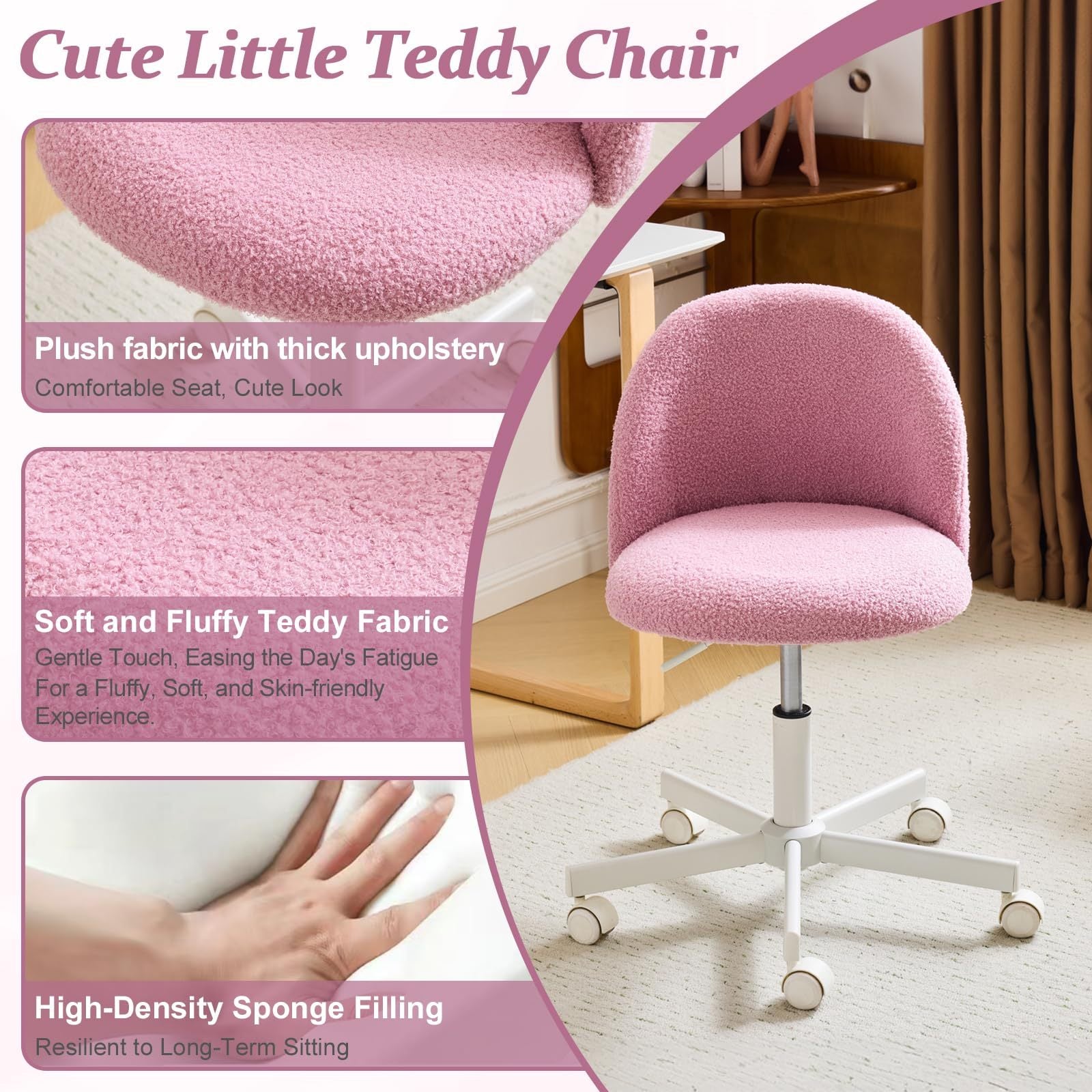VINGLI Modern Teddy Fluffy Small Office Chair,Cute Desk Chair with Wheels,Gold Base\u002FStuds, Comfy Armless Swivel Vanity Task Chair, Nail Tech Chair for Bedroom,Small Space