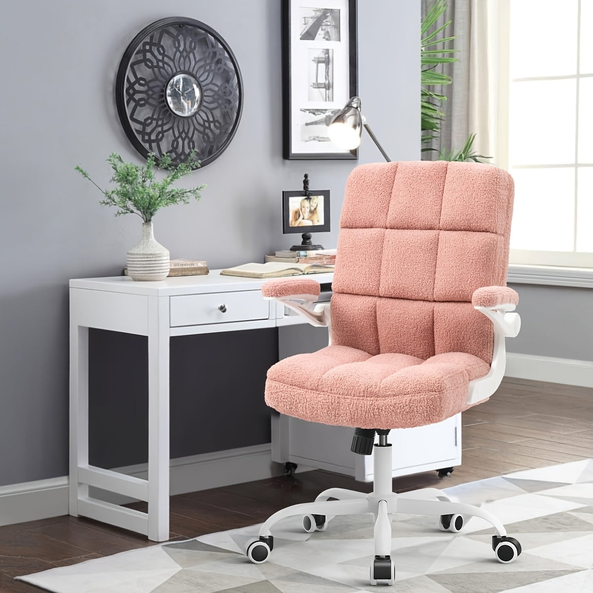 Office Chair Desk Chairs With Flip-up Arms And Wheels, Teddy Velvet Executive Home Office Chairs With Adjustable Height For Adults And Teens