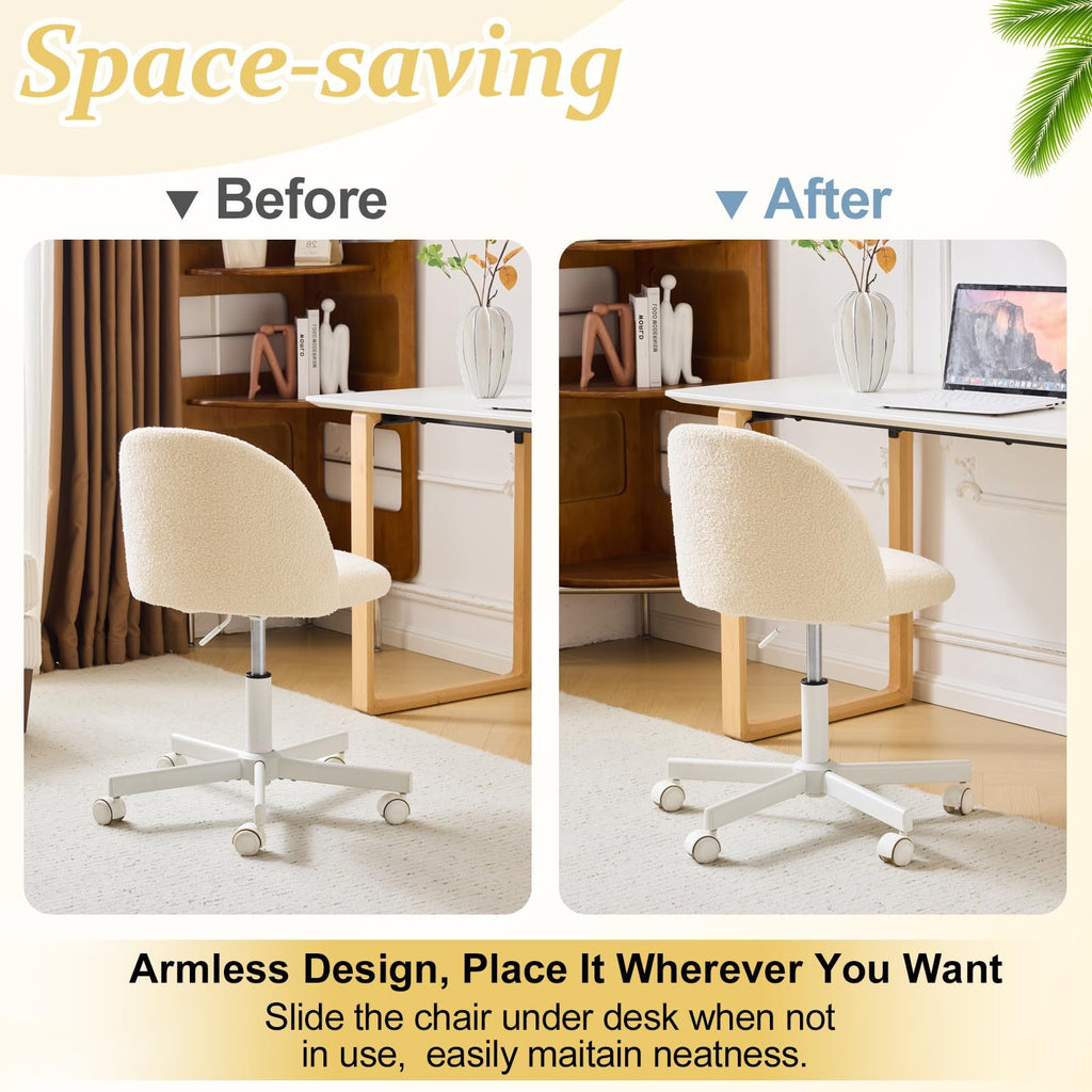 VINGLI Modern Teddy Fluffy Small Office Chair,Cute Desk Chair with Wheels,Gold Base\u002FStuds, Comfy Armless Swivel Vanity Task Chair, Nail Tech Chair for Bedroom,Small Space