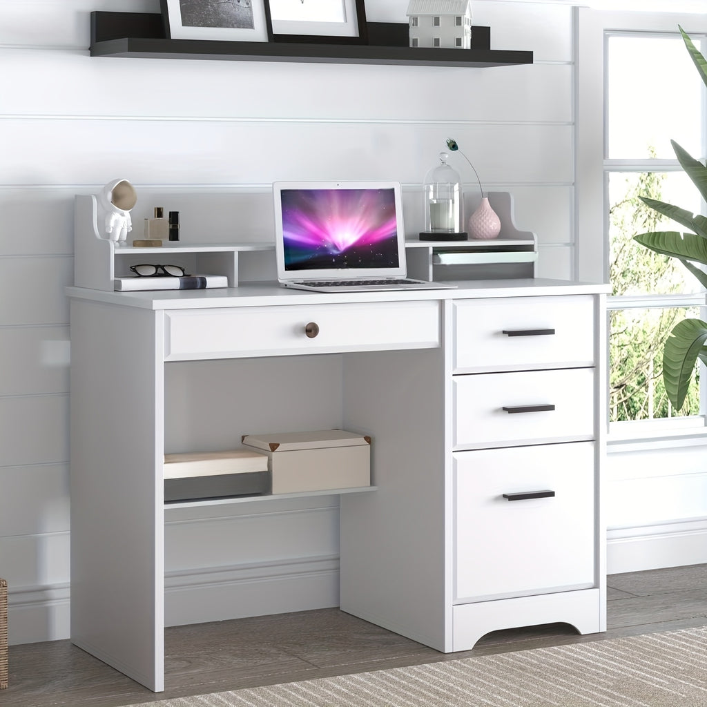 White, Brown, Wood Gray, Cream Computer Desk With 4 Drawers And Hutch, Home Office Writing Desk With File Drawer And Shelves For Small Spaces, Small Desk Study Table For Bedroom, White, Brown, Wood Gray, Cream