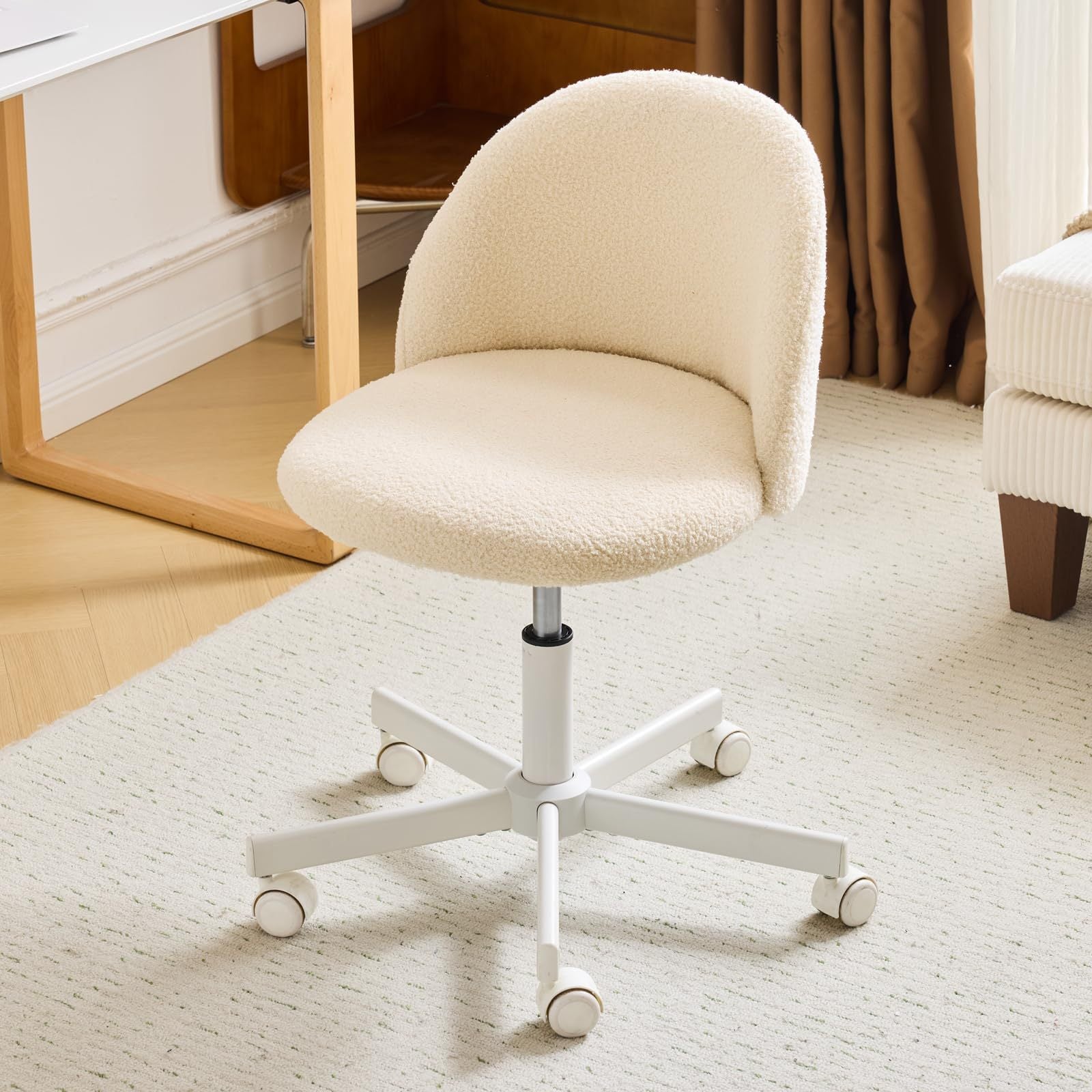 VINGLI Modern Teddy Fluffy Small Office Chair,Cute Desk Chair with Wheels,Gold Base\u002FStuds, Comfy Armless Swivel Vanity Task Chair, Nail Tech Chair for Bedroom,Small Space