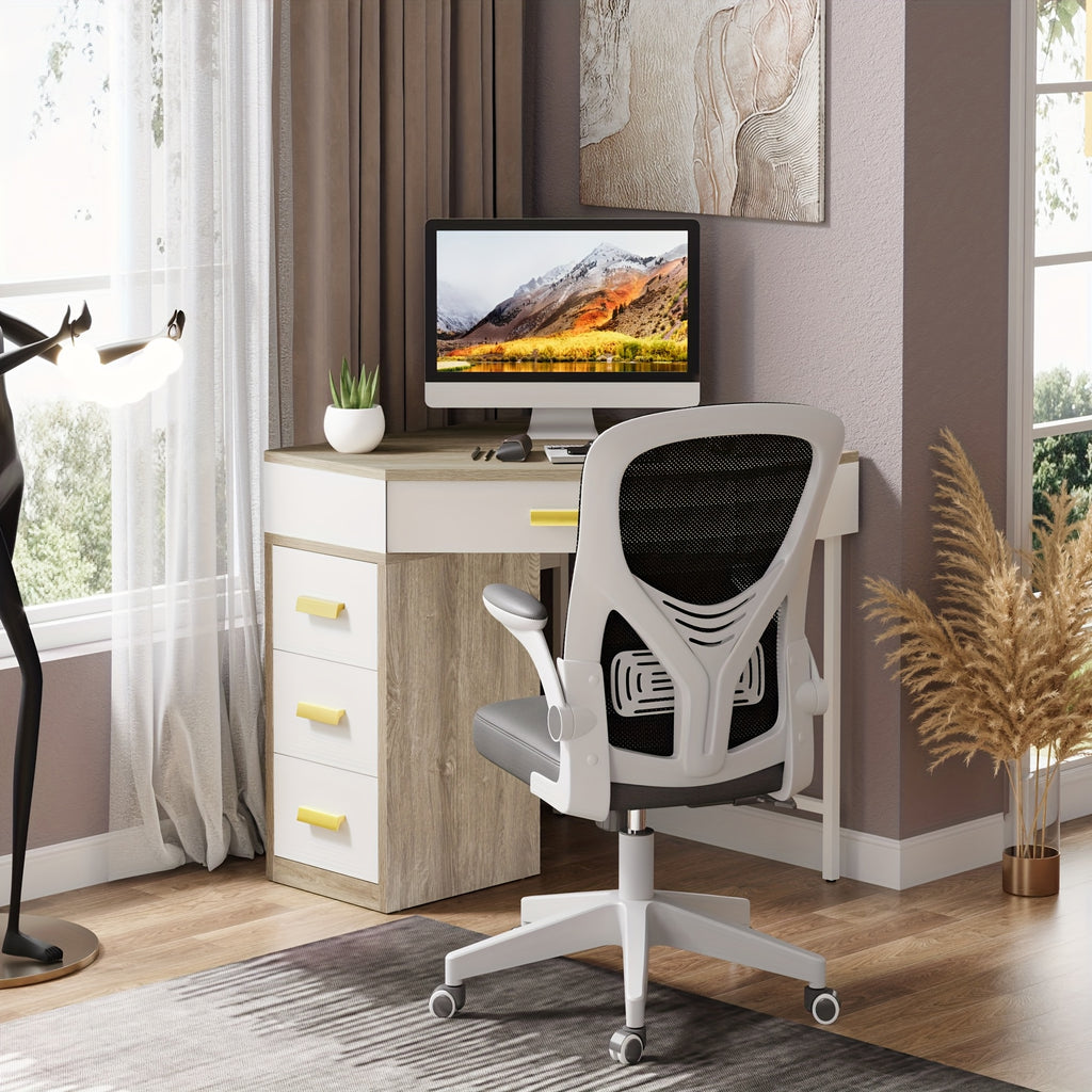 Triangle Corner Desk, Modern Computer Desk With 3 Drawers, 90-Degree Writing Desk PC Table Makeup Vanity Desk With Storage For Home Office, Living Room, Bedroom (White And Grey)