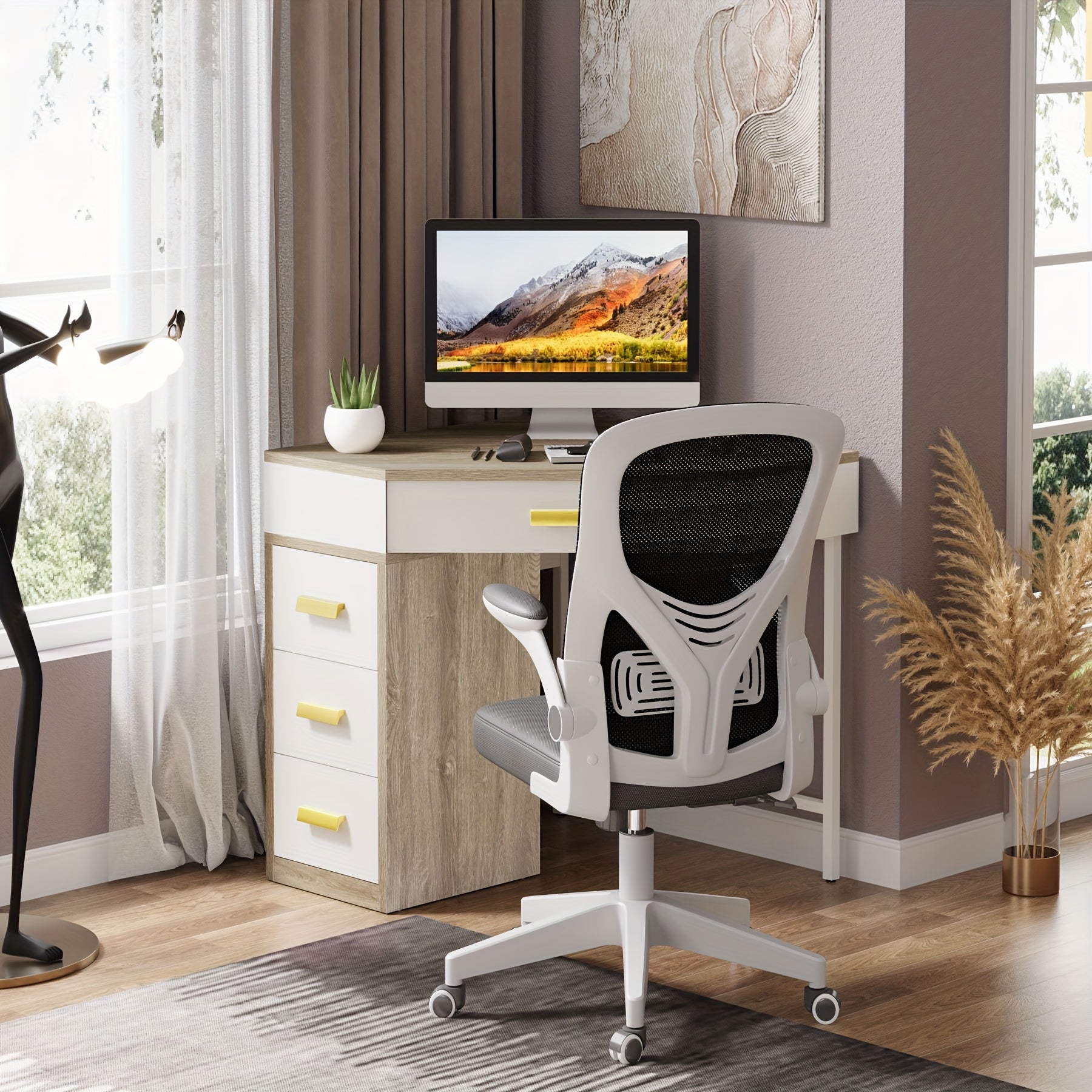 Triangle Corner Desk, Modern Computer Desk With 3 Drawers, 90-Degree Writing Desk PC Table Makeup Vanity Desk With Storage For Home Office, Living Room, Bedroom (White And Grey)