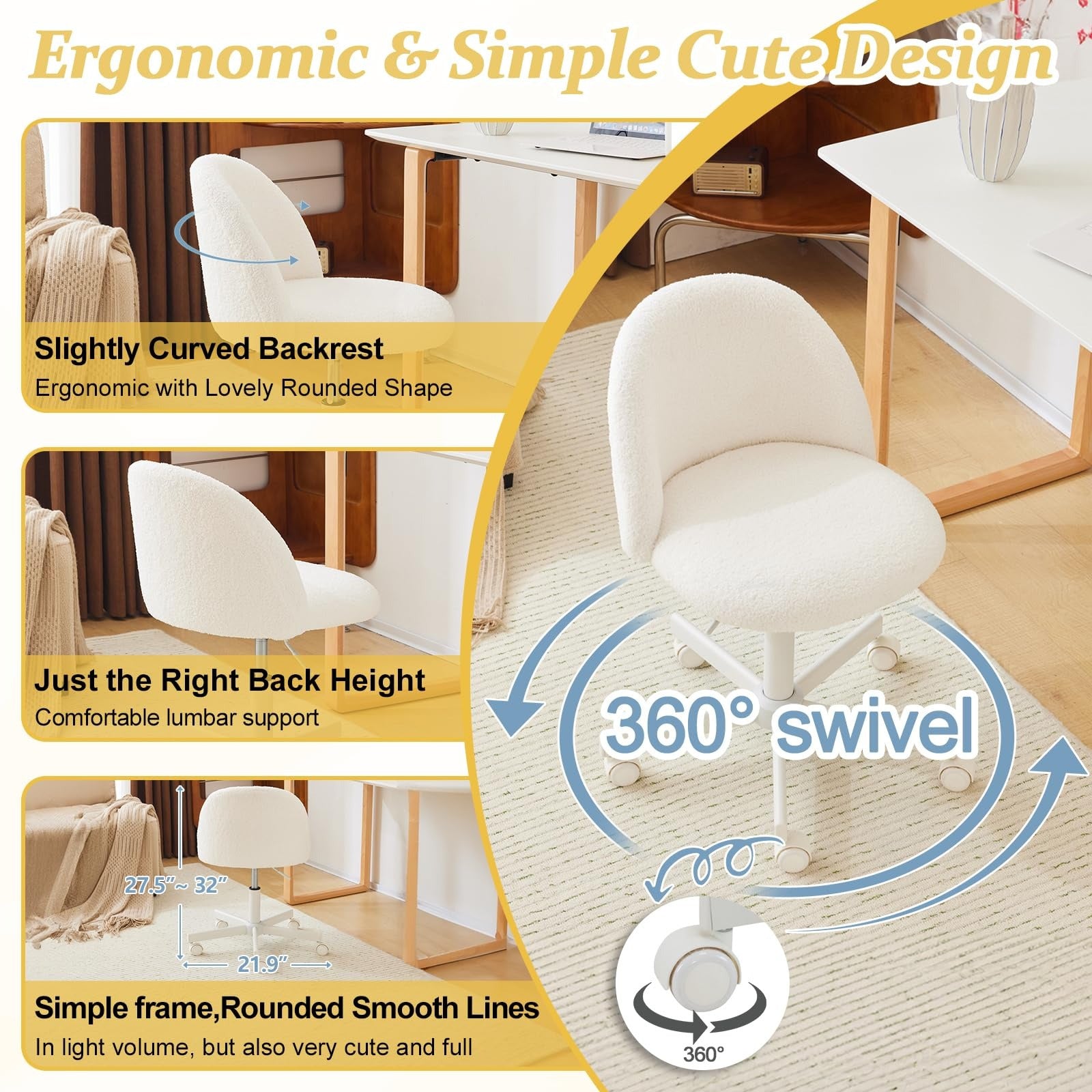 VINGLI Modern Teddy Fluffy Small Office Chair,Cute Desk Chair with Wheels,Gold Base\u002FStuds, Comfy Armless Swivel Vanity Task Chair, Nail Tech Chair for Bedroom,Small Space