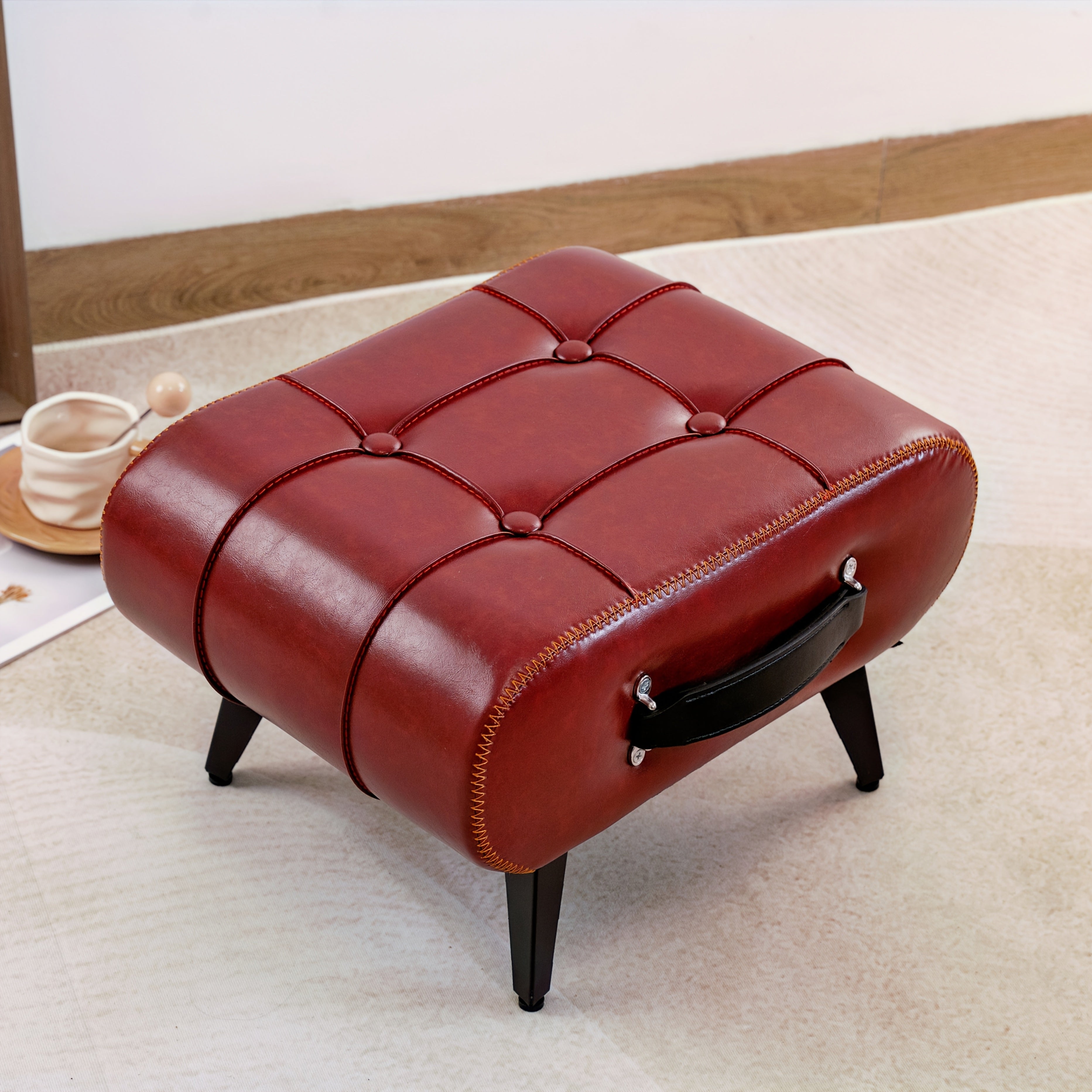 1pc High Quality Oil Wax Leather Low Stools, Footstools, Leather Padded Footstools, Stylish & Versatile For Sofa End, Shoe Changing Stools For Living Rooms, Corridors, Foyers, Entrance, Bedroom, Home Decor Furniture, Furniture For Home