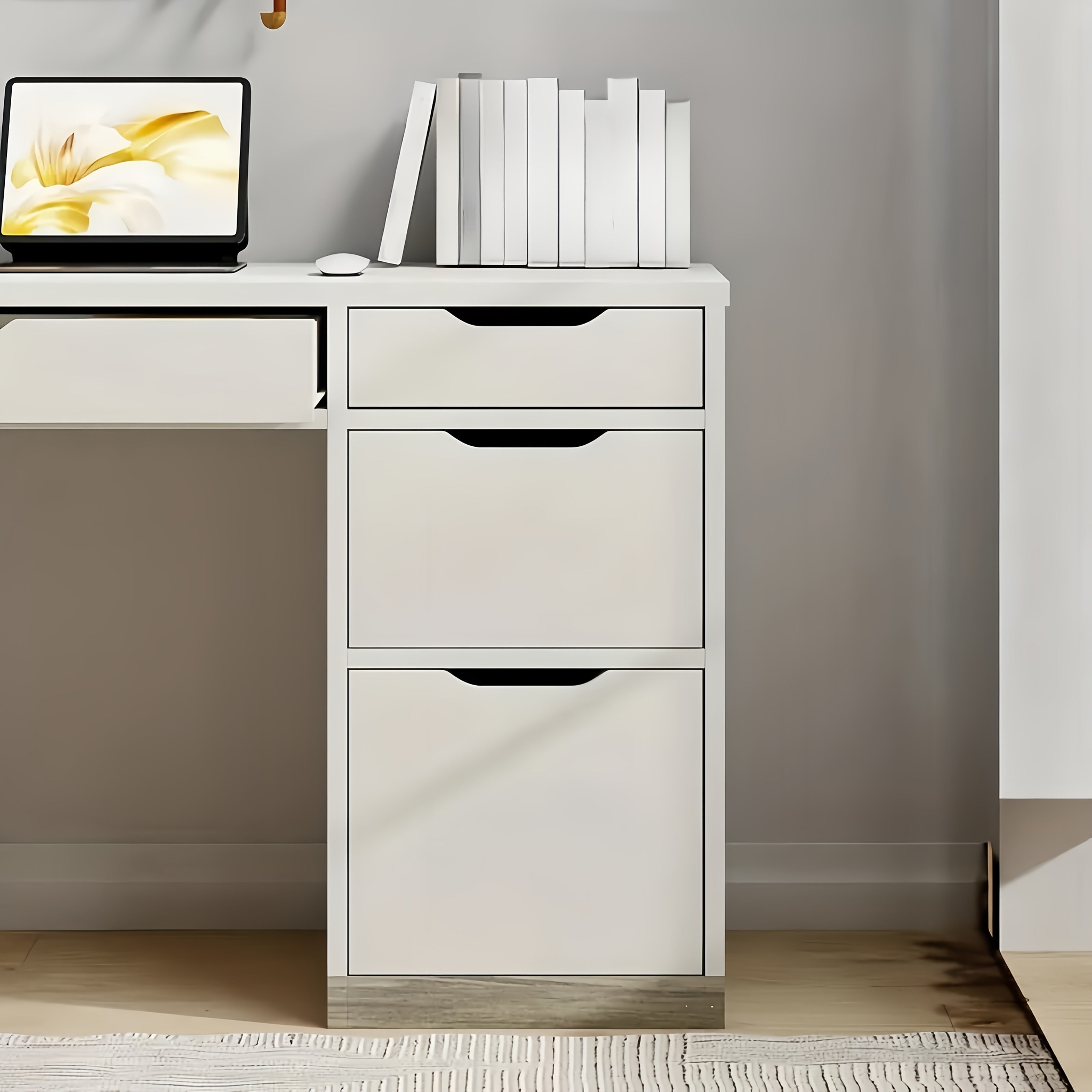 Desk With 4 Drawers, Small Desk With Storage, Desks With Drawers, Study Desk For Bedroom, White Computer Desk With Filing Cabinet, Small Space, White