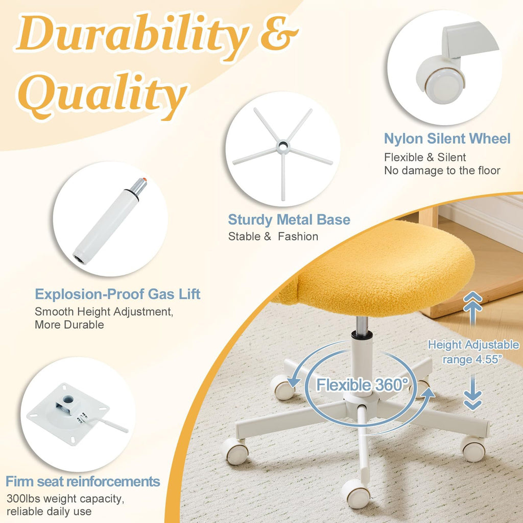 VINGLI Modern Teddy Fluffy Small Office Chair,Cute Desk Chair with Wheels,Gold Base\u002FStuds, Comfy Armless Swivel Vanity Task Chair, Nail Tech Chair for Bedroom,Small Space