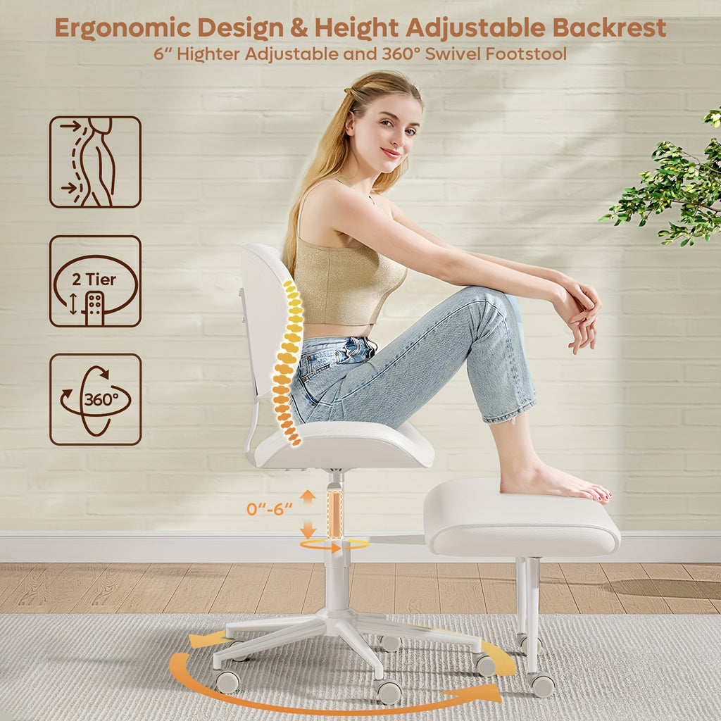 Pinmoco Upgrated Ergonomic Office Chair, Cross Legged Office Chair, Height Adjustable Back Support, 360° Swivel Seat and Stool, 5-Wheel Base, Heavy-Duty Rolling Desk Chair, Faux PU Black\u002FWhite, Upgrated Version