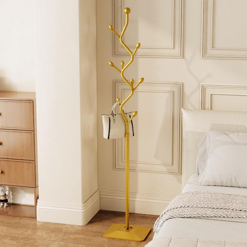 Treeshaped coat rack standMetal coat tree with 8 Hooks and sturdy cast iron base Heavy Duty coat rack freestanding coat hanger stand for Clothes Hats Scarfs Purses gold