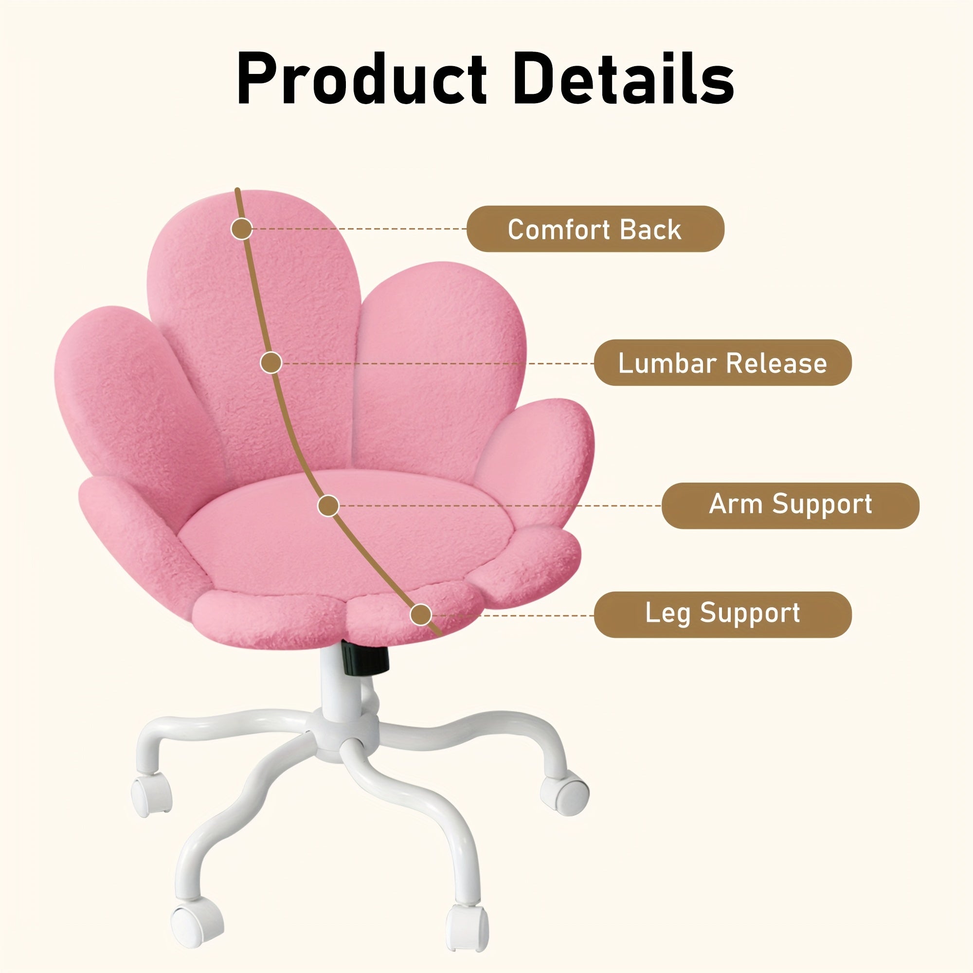 1pc Modern Adjustable Height Swivel Task Chair, Upholstered Petal Design Desk Chair with Mid-Back, Manual Rocking Operation, Painted Finish, Carpet Surface Compatible, Includes Casters - Home Office Computer Chair