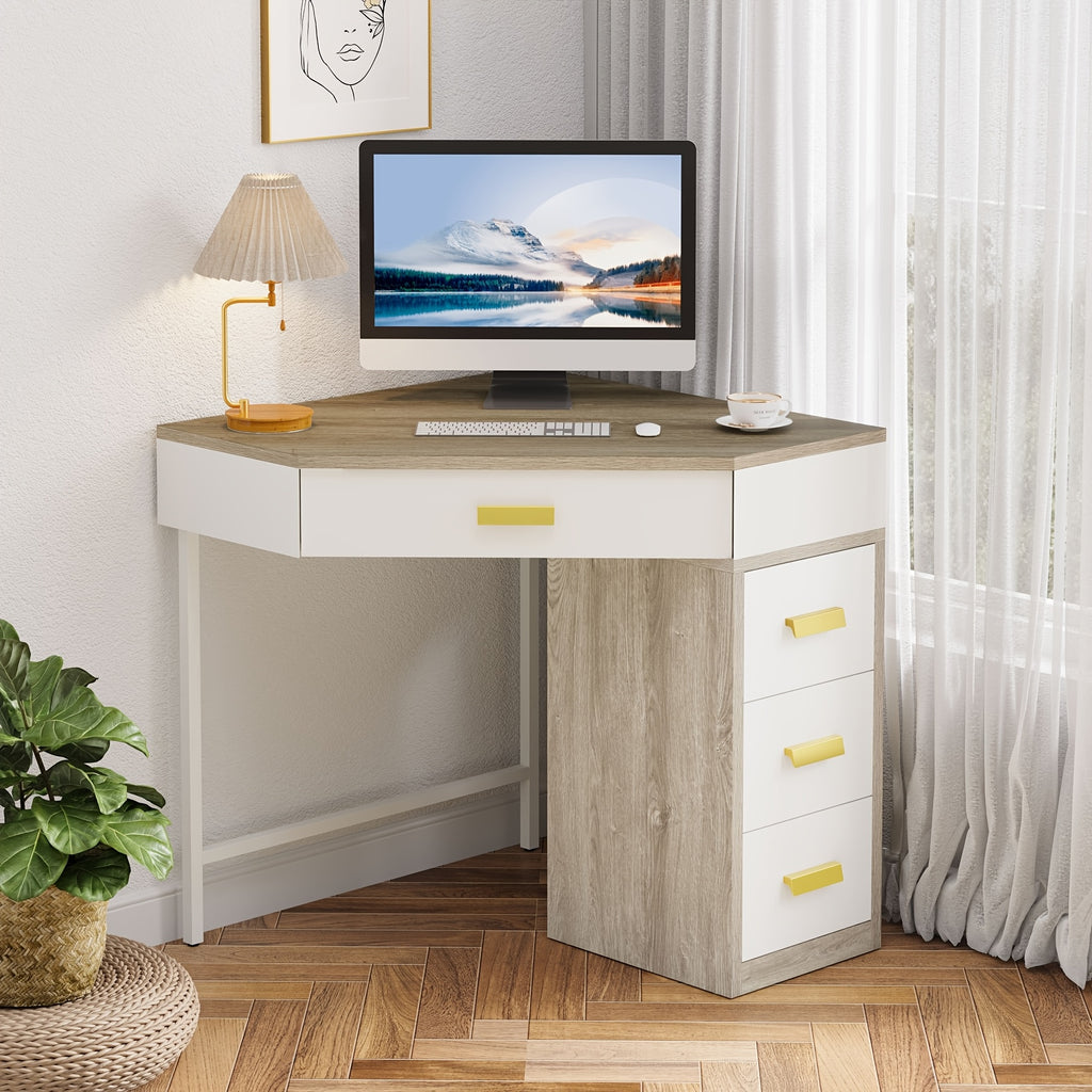 Triangle Corner Desk, Modern Computer Desk With 3 Drawers, 90-Degree Writing Desk PC Table Makeup Vanity Desk With Storage For Home Office, Living Room, Bedroom (White And Grey)