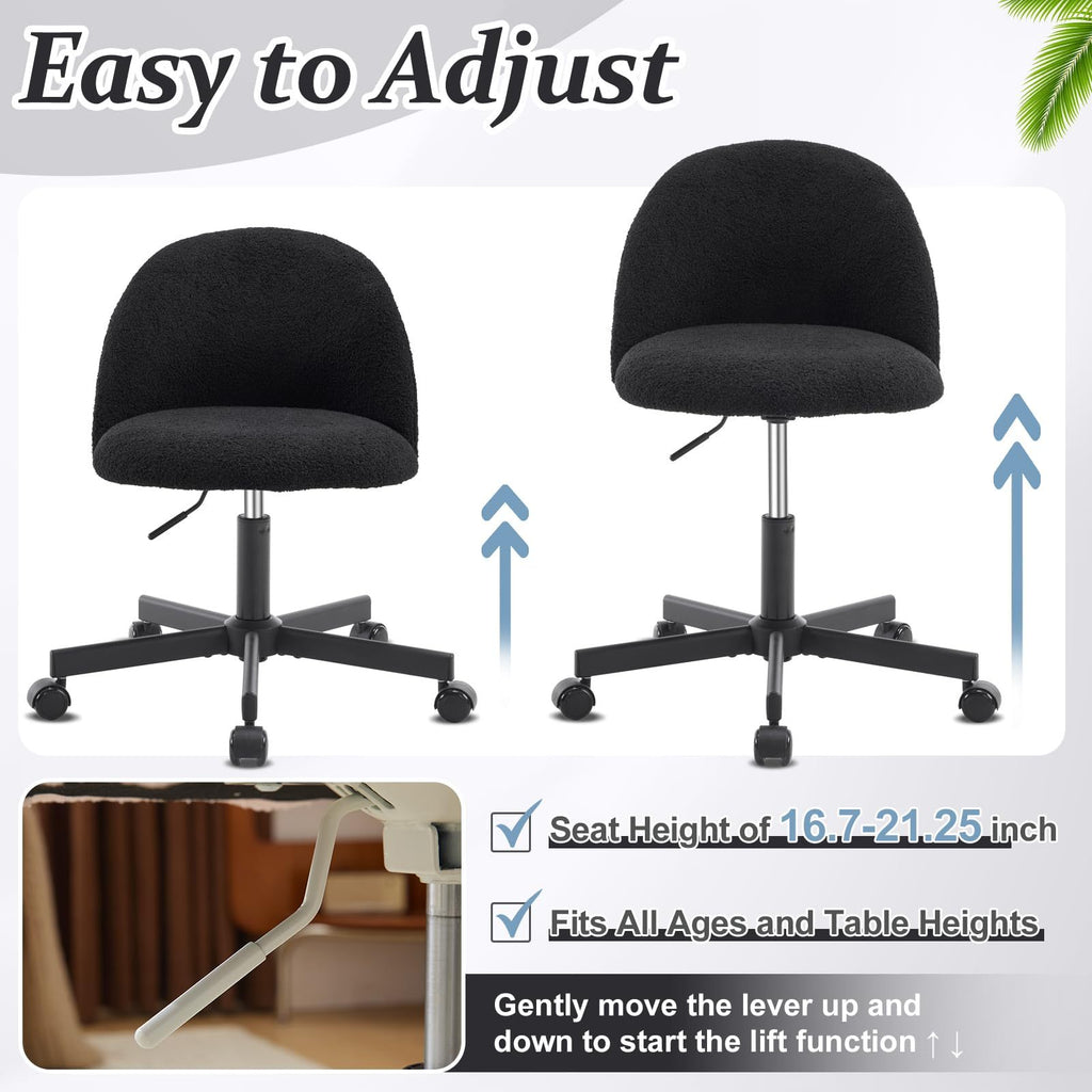 VINGLI Modern Teddy Fluffy Small Office Chair,Cute Desk Chair with Wheels,Gold Base\u002FStuds, Comfy Armless Swivel Vanity Task Chair, Nail Tech Chair for Bedroom,Small Space