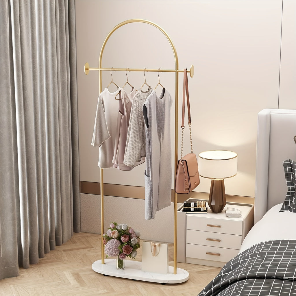 Heavy Duty Golden Clothing Rack with Adjustable Shelf & Hooks - Freestanding Metal Coat Hanger Stand for Home, Office, Boutique - Space-Saving Modern Design with Storage, 31.5\