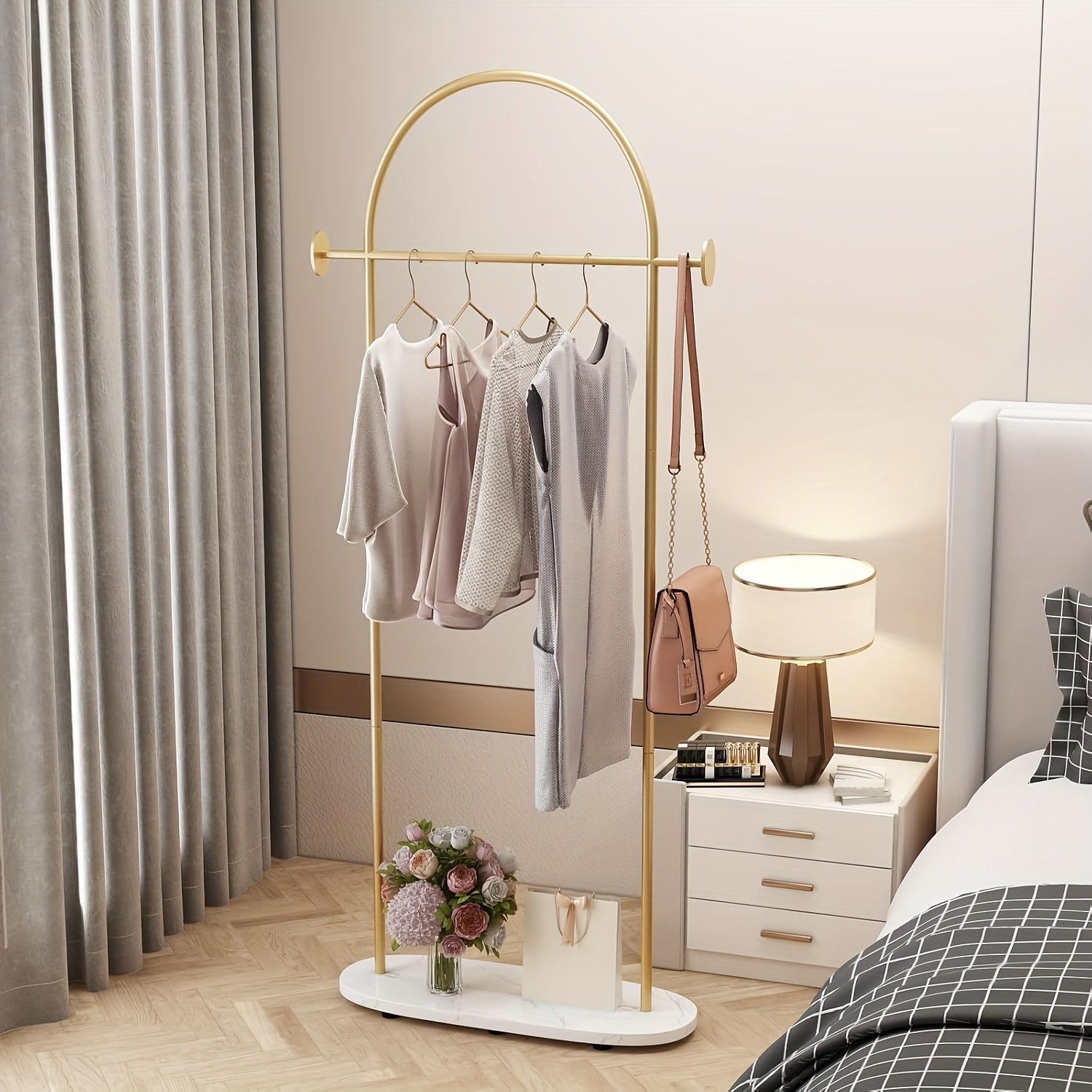 Heavy Duty Golden Clothing Rack with Adjustable Shelf & Hooks - Freestanding Metal Coat Hanger Stand for Home, Office, Boutique - Space-Saving Modern Design with Storage, 31.5\