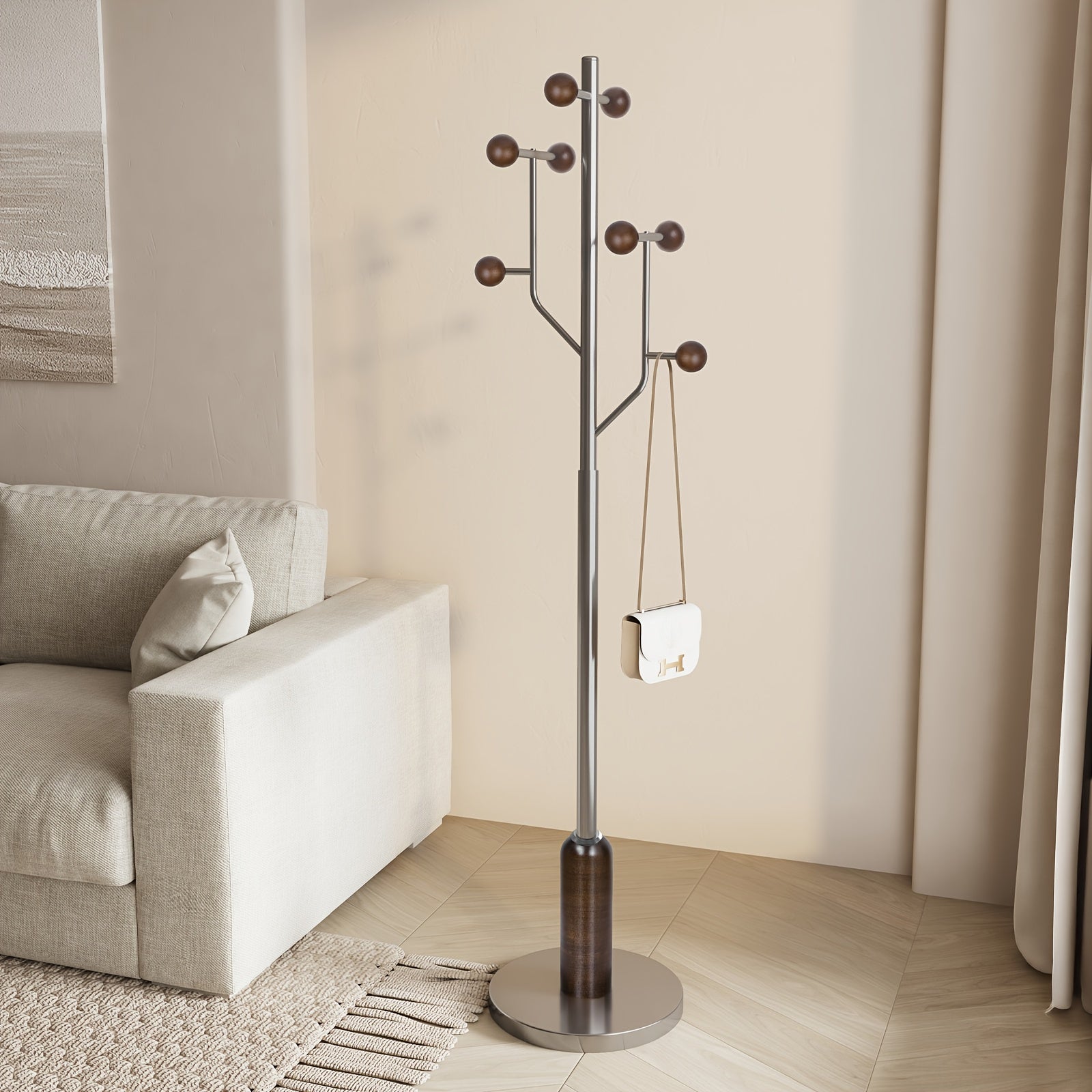 Heavy-Duty Freestanding Coat Rack with Stainless Steel Marble Base - 8 Ball-Shaped Hooks, Hardwood & Metal Construction, 27\