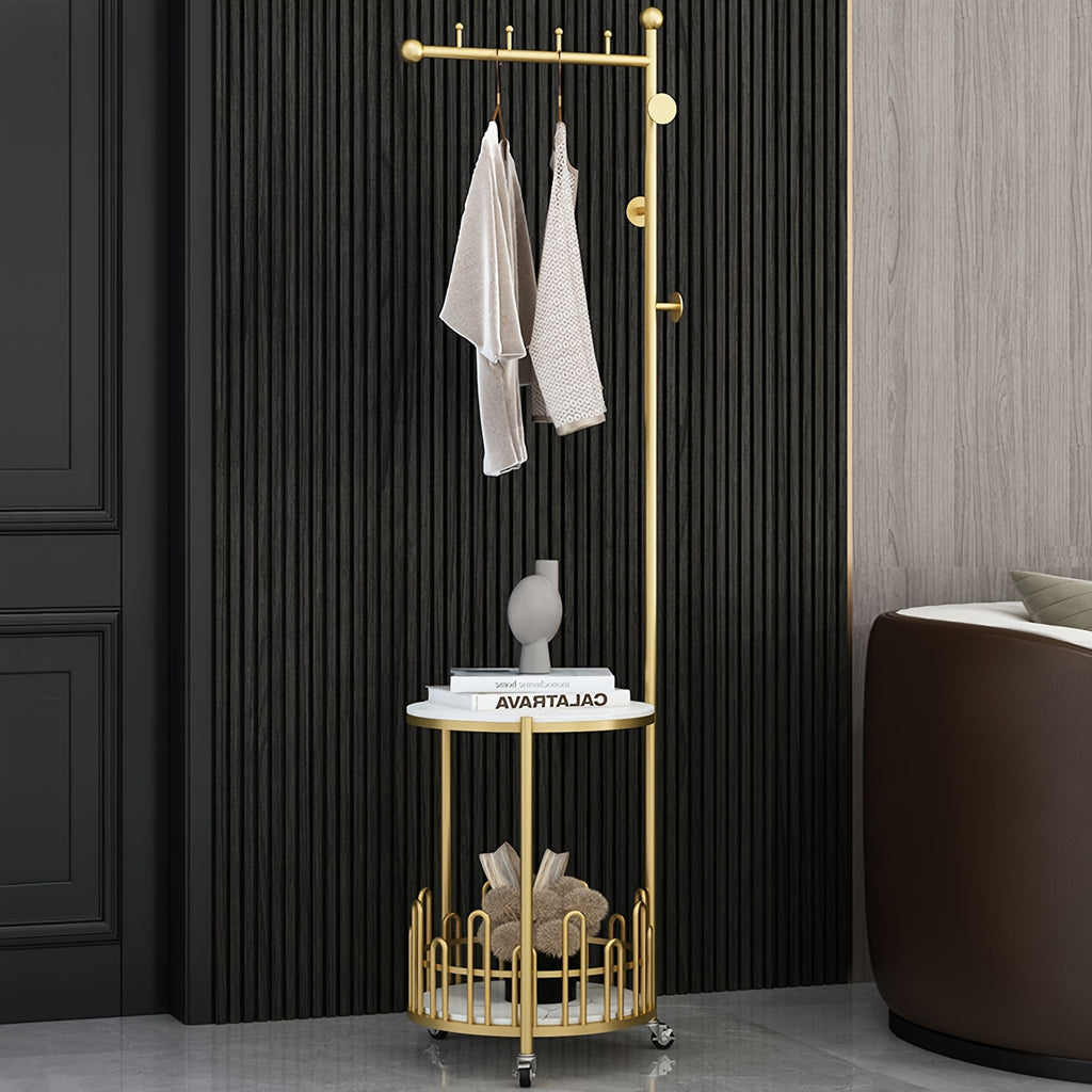 Sturdy Freestanding Iron Garment Rack with Storage Shelf and Hooks, Golden Single Rod Clothing Rack with Wheels and Table - 15.7in x 15.7in x 66.9in