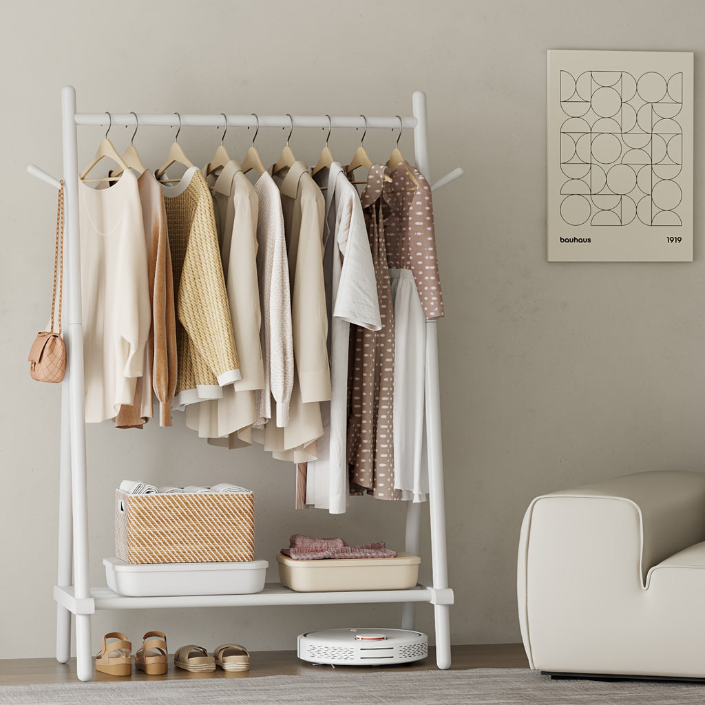 KASLANDI Free Shipping - Solid Wood Clothes Rack, Portable Garment Rack With Hooks And Shelf, Sturdy Freestanding Clothing Organizer For Coats, Dresses, Shoes, Bags, Easy To Assemble Storage Solution For Bedroom, Entryway, Living Room