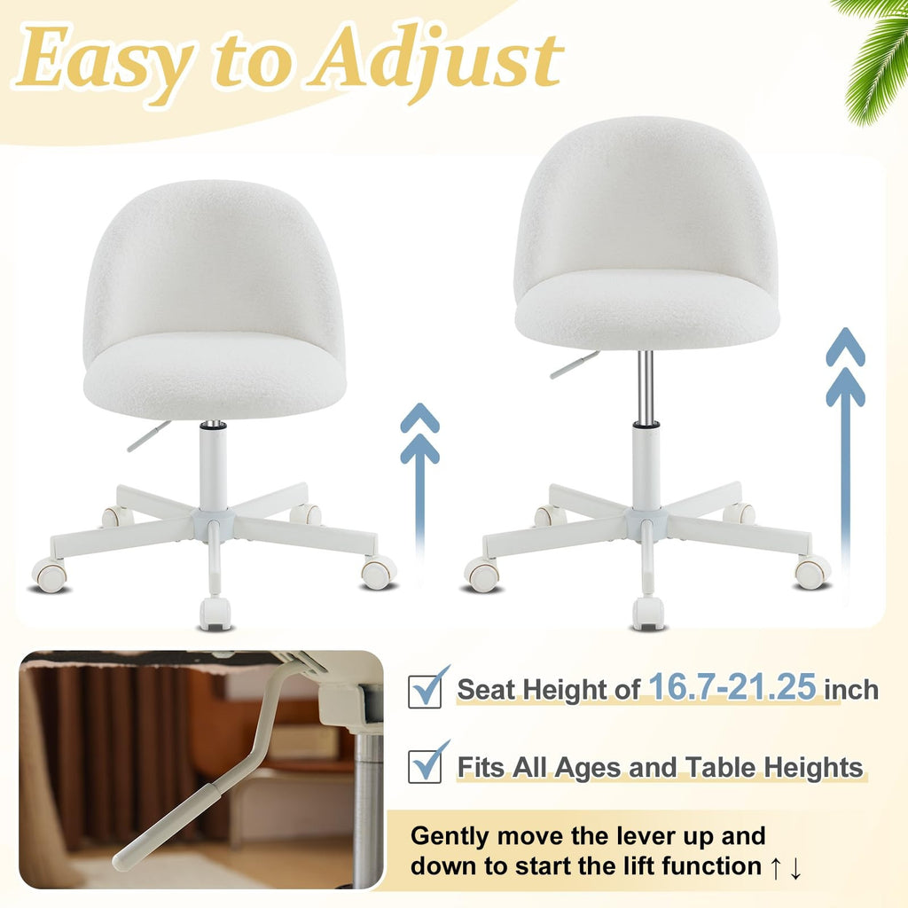 VINGLI Modern Teddy Fluffy Small Office Chair,Cute Desk Chair with Wheels,Gold Base\u002FStuds, Comfy Armless Swivel Vanity Task Chair, Nail Tech Chair for Bedroom,Small Space
