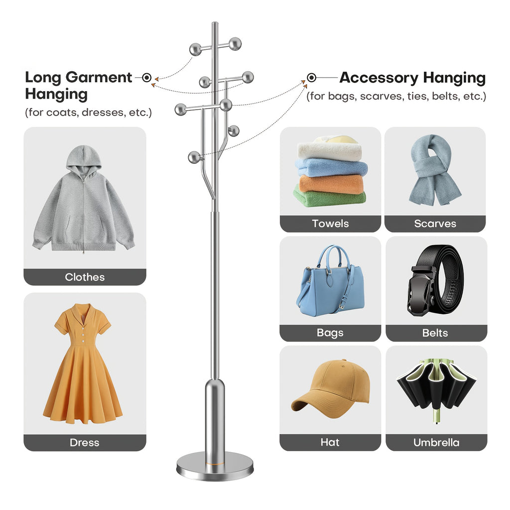 Heavy-Duty Freestanding Coat Rack with Stainless Steel Marble Base - 8 Ball-Shaped Hooks, Hardwood & Metal Construction, 27\