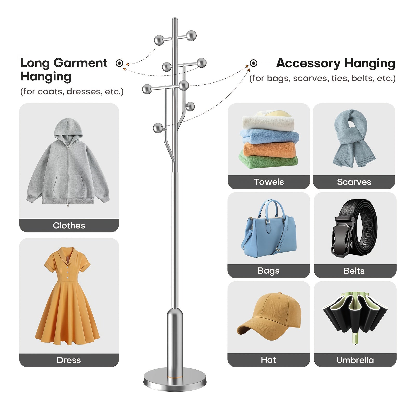 Heavy-Duty Freestanding Coat Rack with Stainless Steel Marble Base - 8 Ball-Shaped Hooks, Hardwood & Metal Construction, 27\