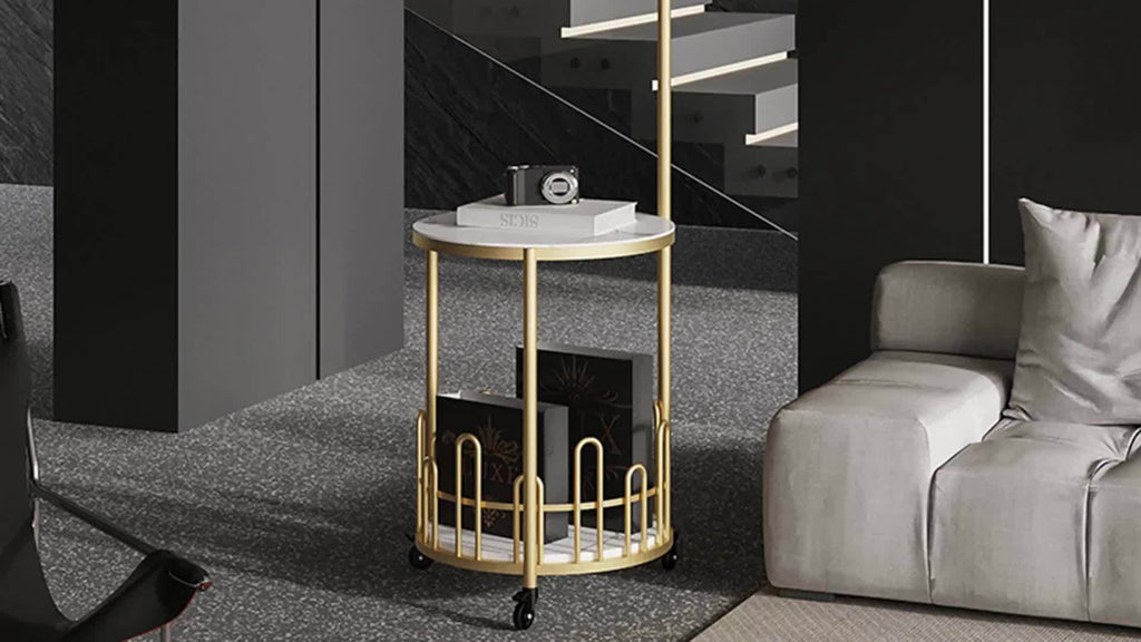 Sturdy Freestanding Iron Garment Rack with Storage Shelf and Hooks, Golden Single Rod Clothing Rack with Wheels and Table - 15.7in x 15.7in x 66.9in