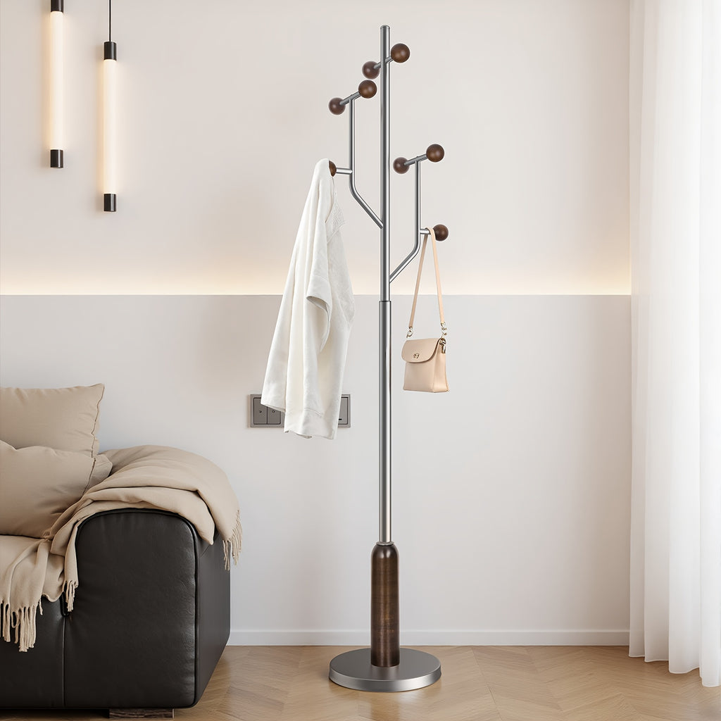 Heavy-Duty Freestanding Coat Rack with Stainless Steel Marble Base - 8 Ball-Shaped Hooks, Hardwood & Metal Construction, 27\