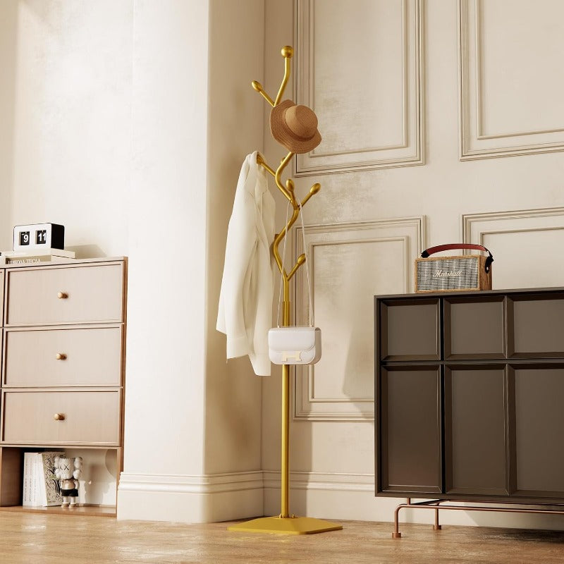 Treeshaped coat rack standMetal coat tree with 8 Hooks and sturdy cast iron base Heavy Duty coat rack freestanding coat hanger stand for Clothes Hats Scarfs Purses gold