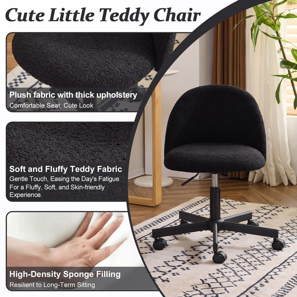 VINGLI Modern Teddy Fluffy Small Office Chair,Cute Desk Chair with Wheels,Gold Base\u002FStuds, Comfy Armless Swivel Vanity Task Chair, Nail Tech Chair for Bedroom,Small Space