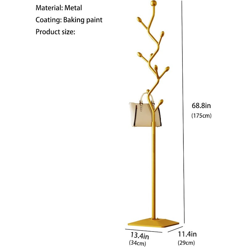 Treeshaped coat rack standMetal coat tree with 8 Hooks and sturdy cast iron base Heavy Duty coat rack freestanding coat hanger stand for Clothes Hats Scarfs Purses gold