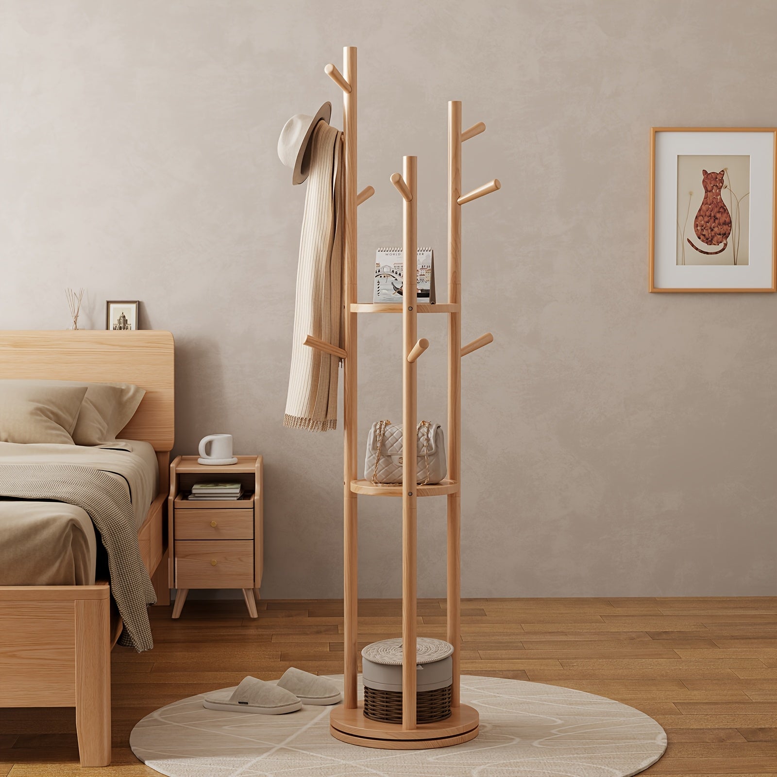 KASLANDI Furniture for Home, Solid Wood Rotary Coat Rack - Self-standing Hanger, Tree Floor Hanger, Foyer Furniture, Suitable for Entrance, Bedroom And Living Room, Hanging Coats And Bags,, Free Shipping