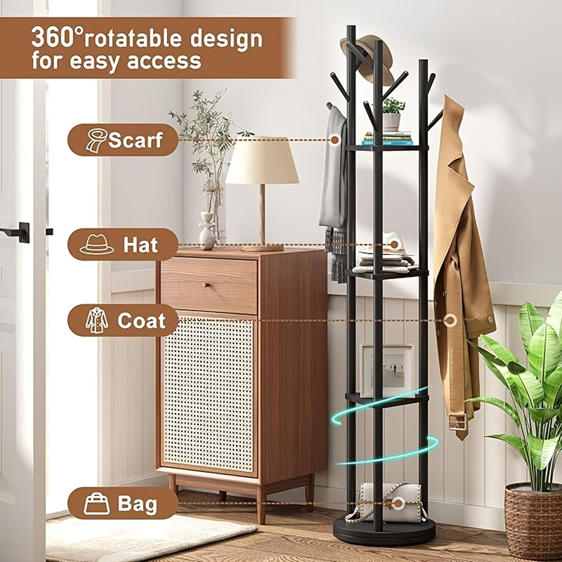 Rotary Solid Wood Coat Rack with 3 Shelves and 9 Hooks, Freestanding Sturdy Coat Tree for Entryway, Bedroom - Multi-Purpose Storage Organizer for Coats, Bags, Coat Rack Stand, 360-degree Rotation, Independent